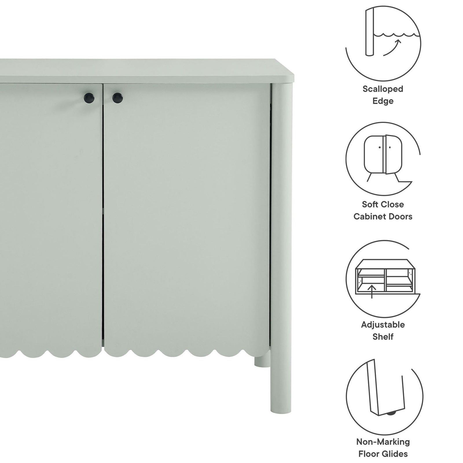 Sage green cabinet with scalloped base beside icons for soft-close doors and adjustable shelf features || EEI-7152-SGE || callout_studio