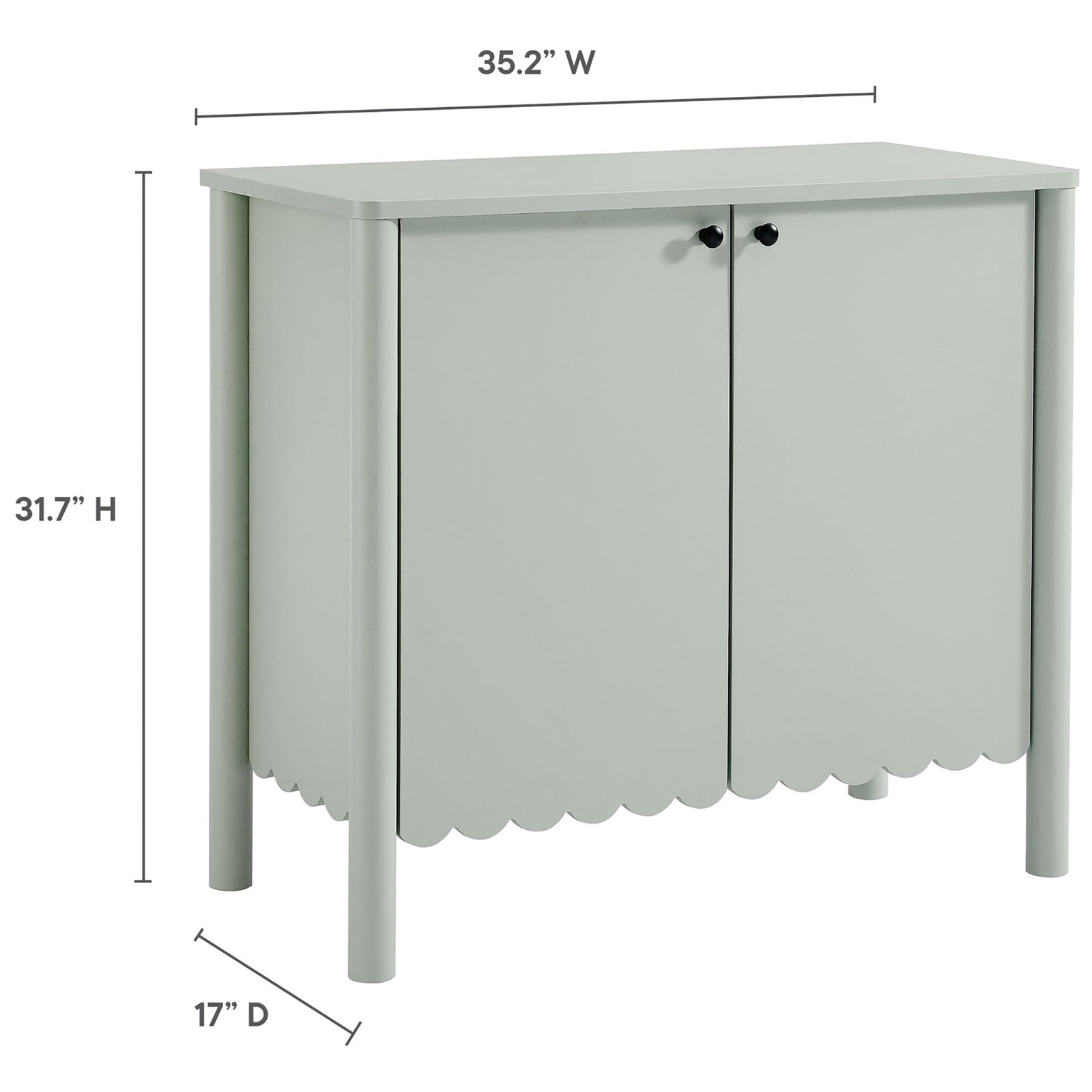 Sage green scalloped cabinet with overlaid measurements indicating overall width, height, and depth || EEI-7152-SGE || dimension_studio