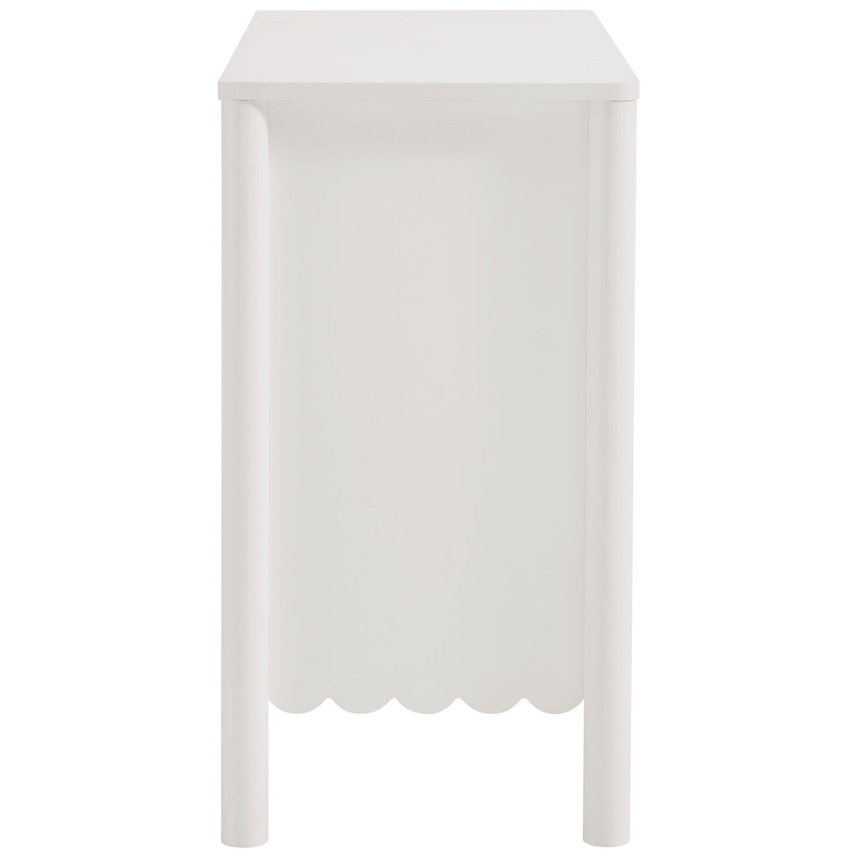 White Emmeline sideboard showing smooth rounded side panels and scalloped bottom edge || EEI-7152-WHI || side_studio