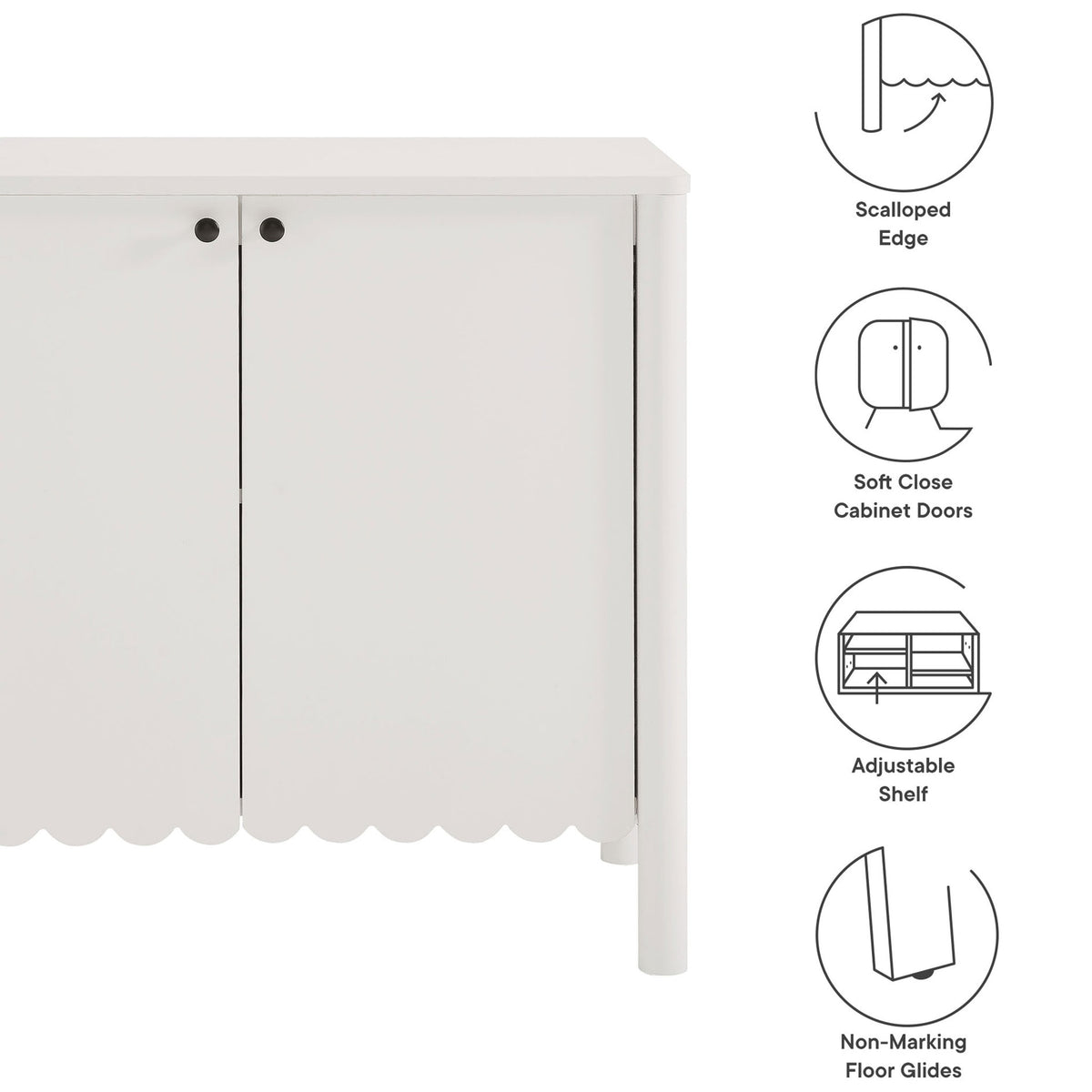 Key features of the Emmeline sideboard including scalloped edge, soft-close doors, and floor glides || EEI-7152-WHI || callout_studio
