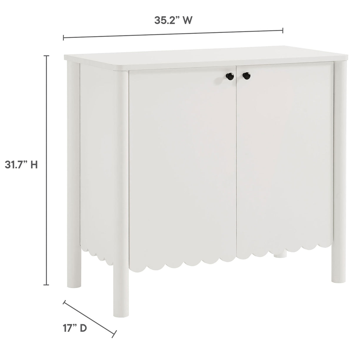 Size specifications for the Emmeline sideboard with labeled height, width, and depth measurements || EEI-7152-WHI || dimension_studio