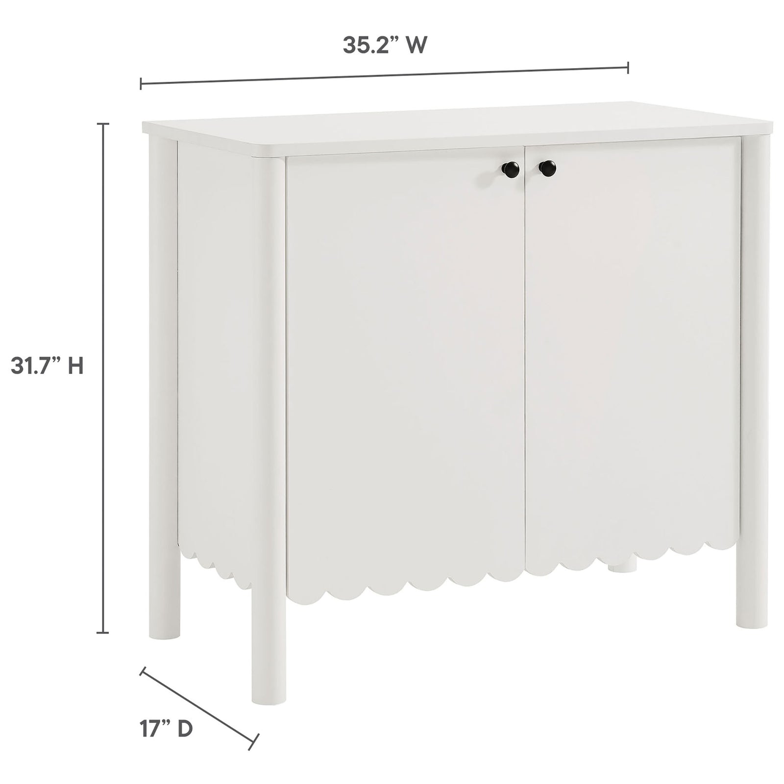 Size specifications for the Emmeline sideboard with labeled height, width, and depth measurements || EEI-7152-WHI || dimension_studio