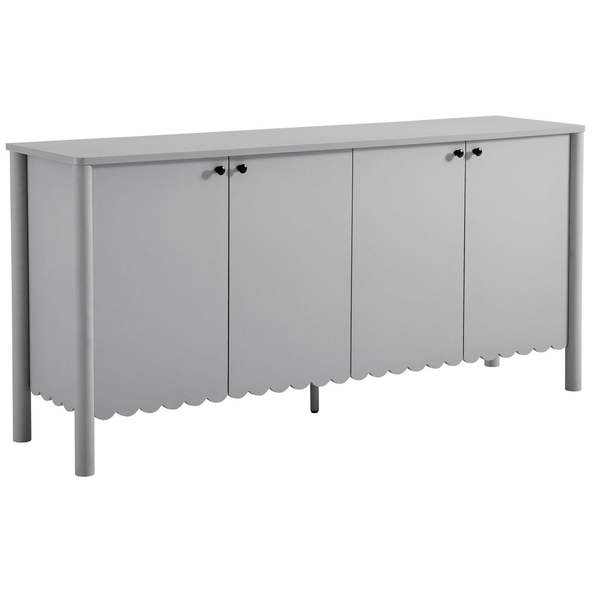 Light gray scalloped sideboard cabinet lends airy style with four smooth front doors and slim round legs || EEI-7153-LGR || front_angle_studio