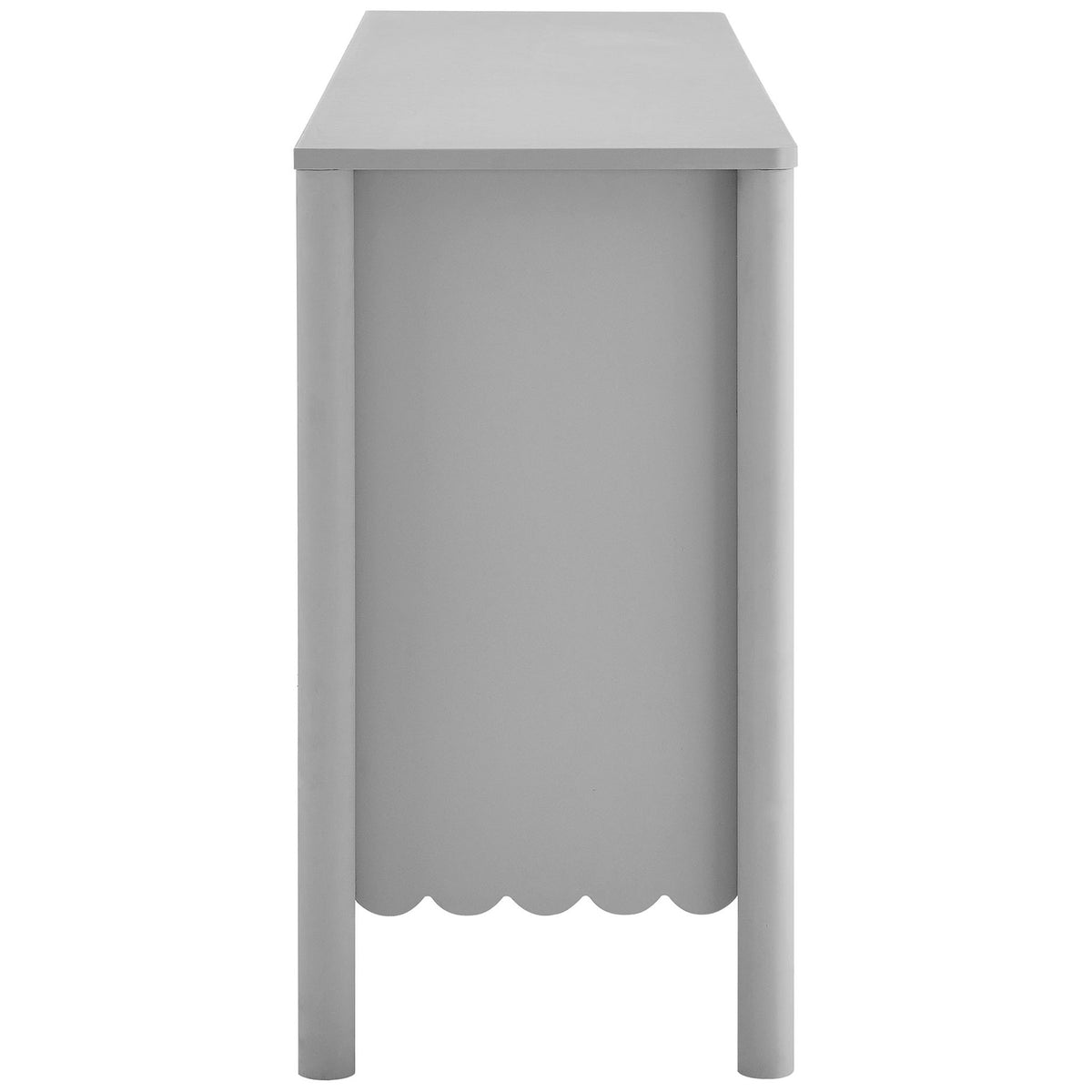 Slim profile of the Emmeline sideboard shows rounded column legs and subtle scalloped apron in light gray || EEI-7153-LGR || side_studio