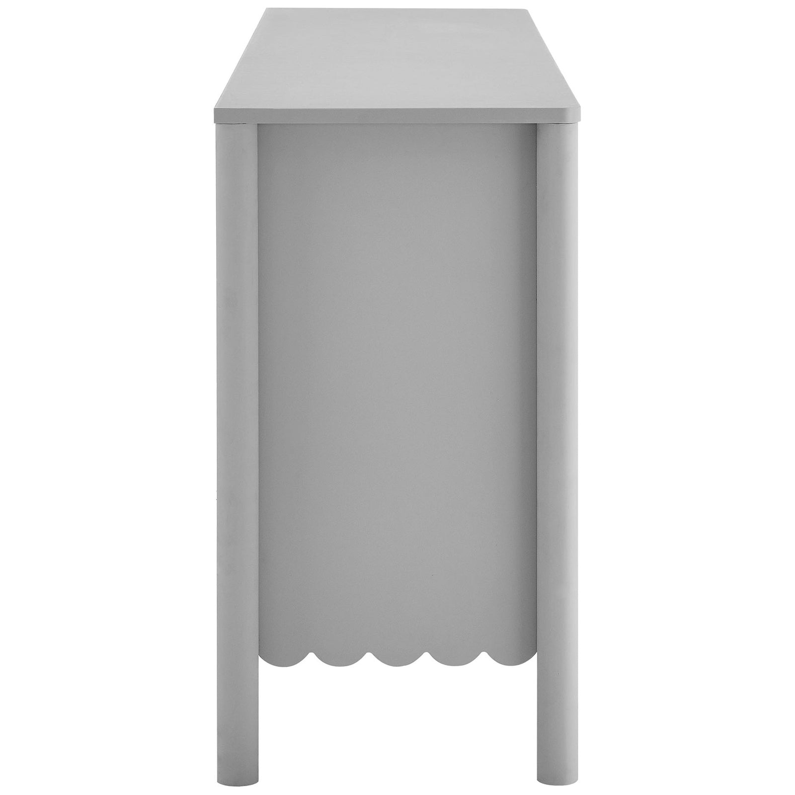 Slim profile of the Emmeline sideboard shows rounded column legs and subtle scalloped apron in light gray || EEI-7153-LGR || side_studio
