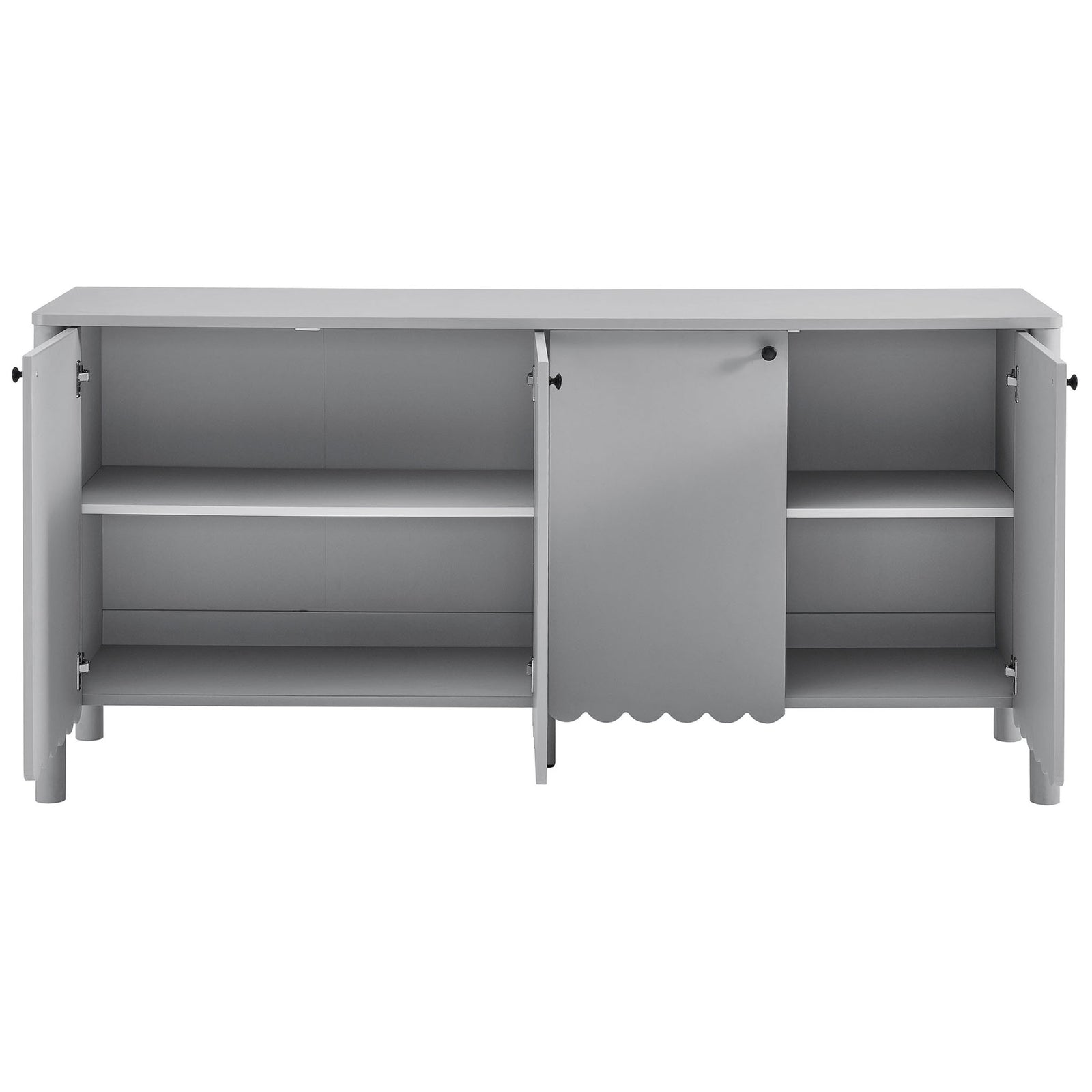 Emmeline sideboard opens to reveal spacious adjustable shelving behind all four doors for organized storage || EEI-7153-LGR || front_open_studio