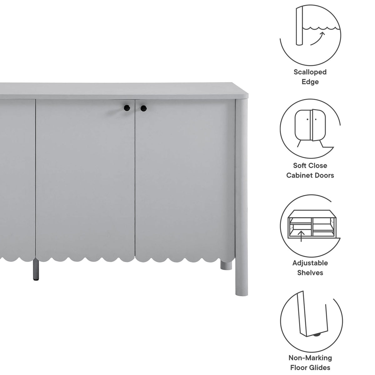 Graphic callouts highlight the Emmeline sideboard scalloped edge, soft close doors, adjustable shelves, and floor glides || EEI-7153-LGR || callout_studio