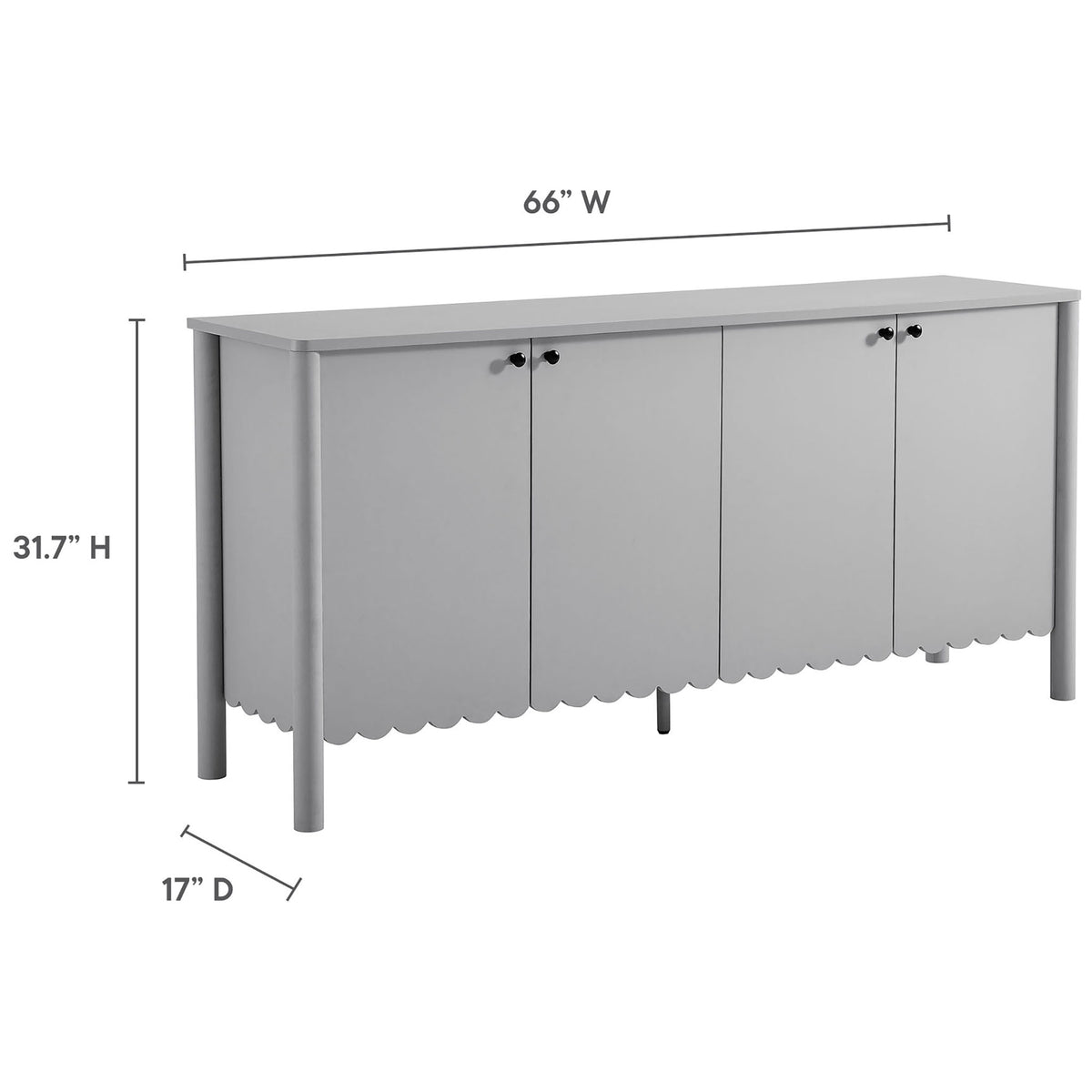 Dimension graphic shows the Emmeline sideboard measuring 66 inches wide, 17 inches deep, and 31.7 inches high || EEI-7153-LGR || dimension_studio