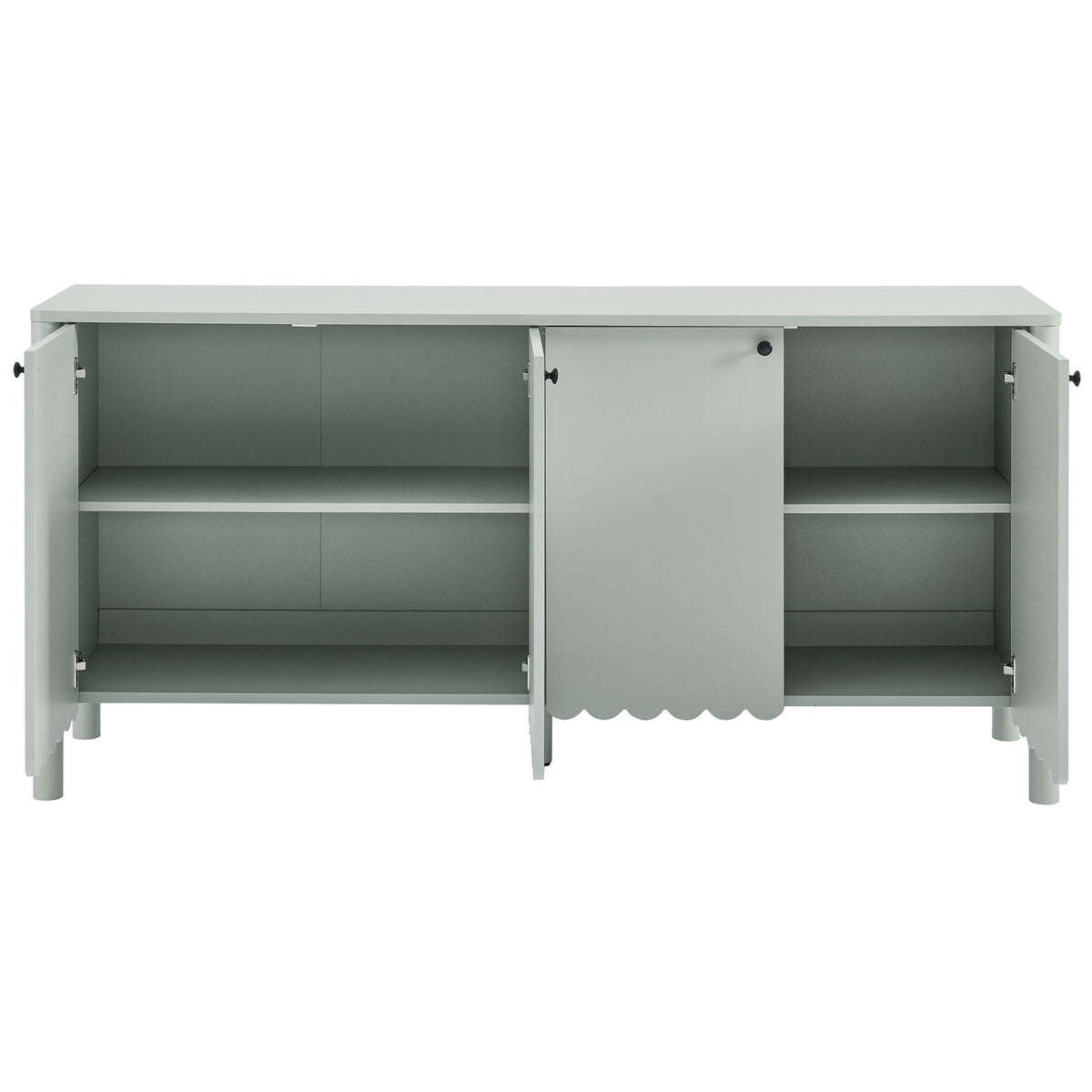 Interior shelves revealed behind four doors for generous hidden storage || EEI-7153-SGE || front_open_studio