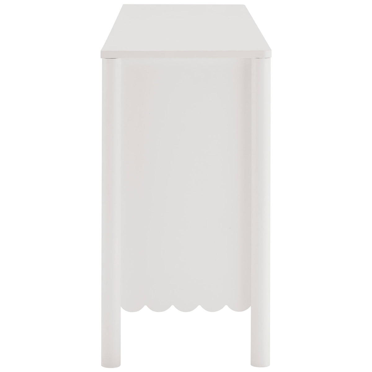 Slim white sideboard profile showcasing scalloped side panel and rounded leg silhouette || EEI-7153-WHI || side_studio