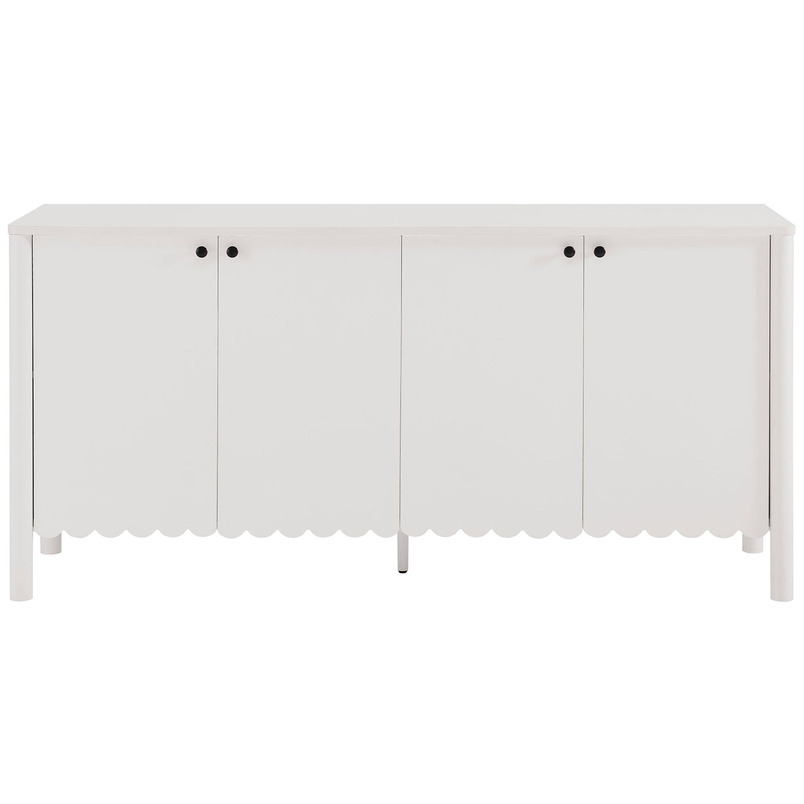 Clean white 4-door sideboard with scalloped base and black knobs for a crisp, contemporary statement || EEI-7153-WHI || front_studio