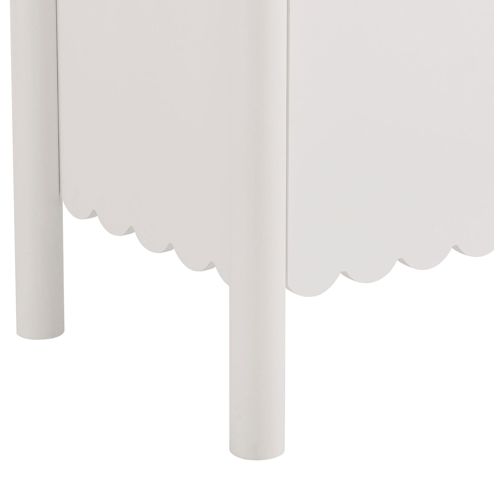 Close-up of scalloped bottom edge and rounded leg detailing on the white Emmeline sideboard || EEI-7153-WHI || leg_studio