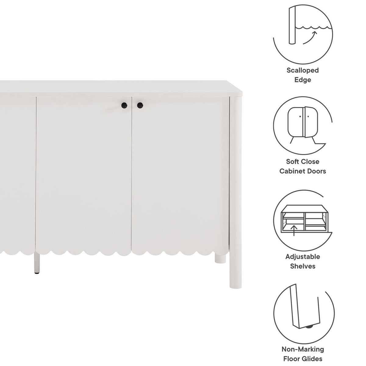 Graphic highlighting scalloped edge, soft-close doors, adjustable shelves, and non-marking glides on the sideboard || EEI-7153-WHI || callout_studio