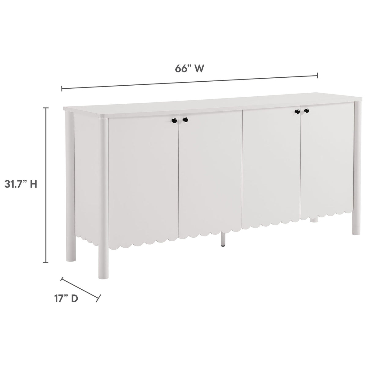 Dimension diagram of the Emmeline sideboard showing 66 inch width, 31.7 inch height, and 17 inch depth || EEI-7153-WHI || dimension_studio