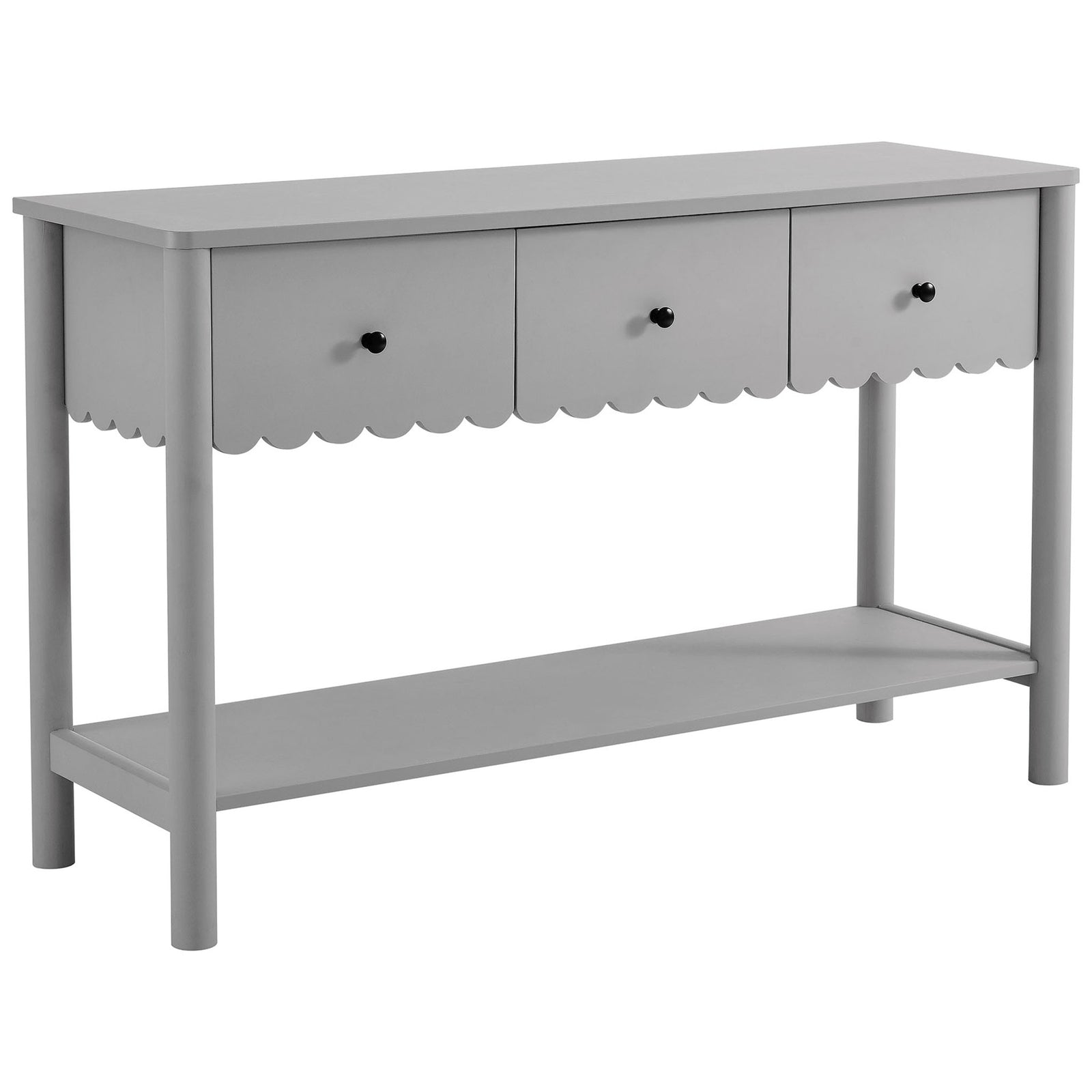 Light gray console table with scalloped apron, three drawers, and an open shelf for airy storage || EEI-7154-LGR || front_angle_studio