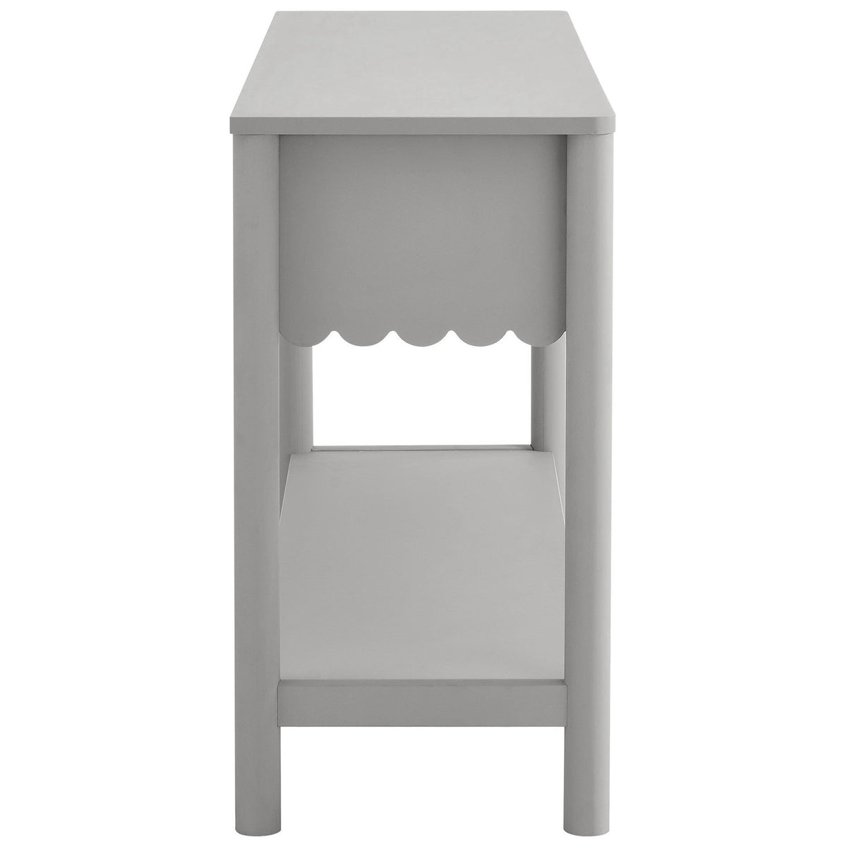 Slim console with rounded legs and lower shelf in smooth light gray laminate || EEI-7154-LGR || side_studio