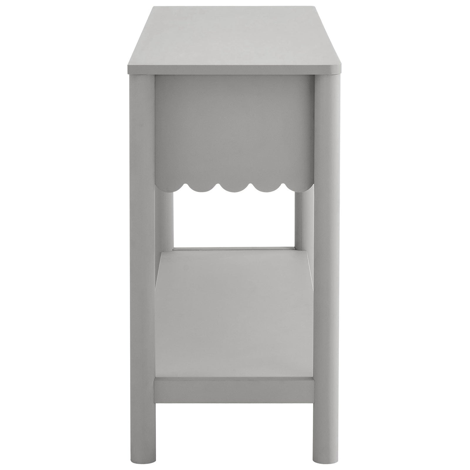 Slim console with rounded legs and lower shelf in smooth light gray laminate || EEI-7154-LGR || side_studio