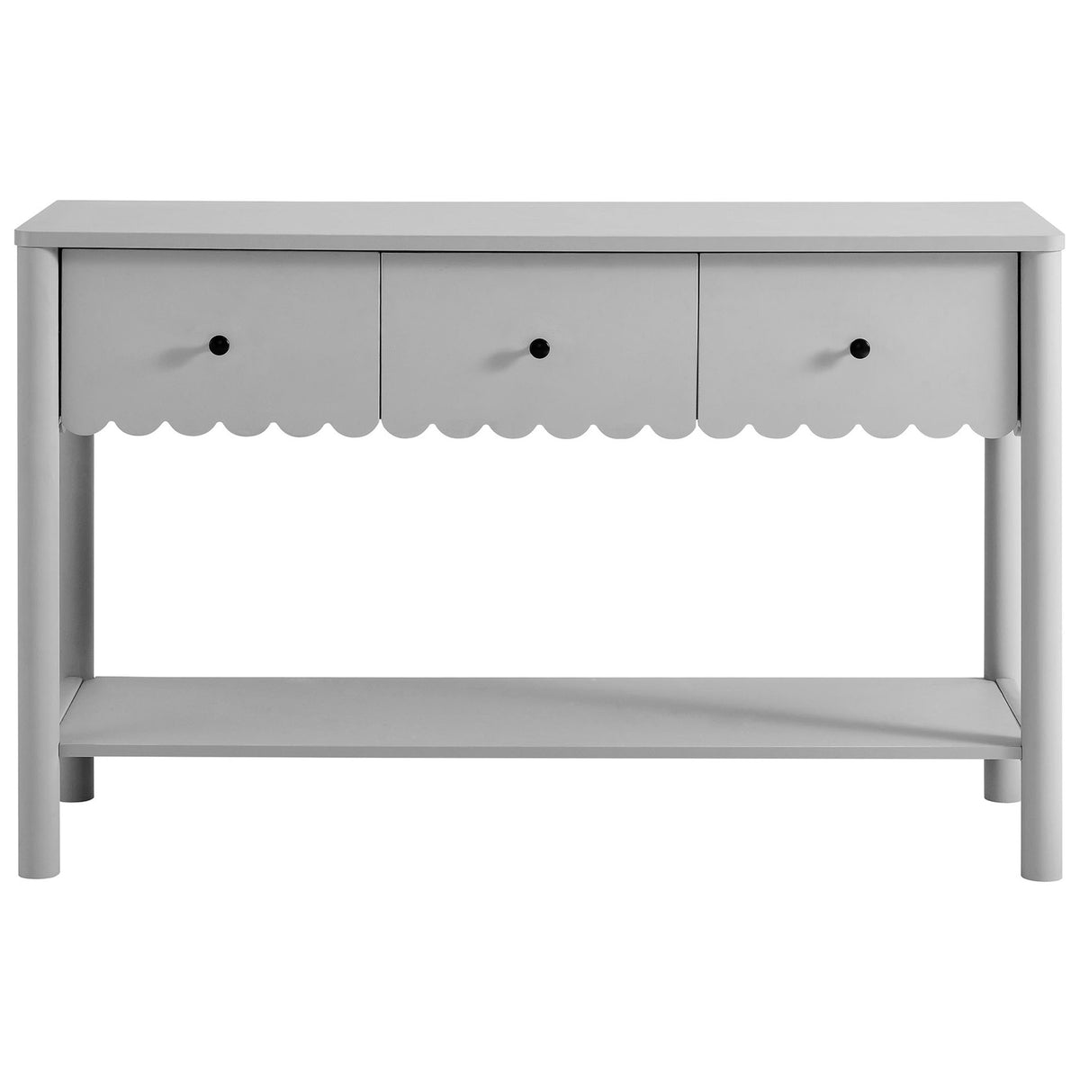 Elegant three-drawer console with scalloped edge and spacious bottom shelf in a soft light gray finish || EEI-7154-LGR || front_studio