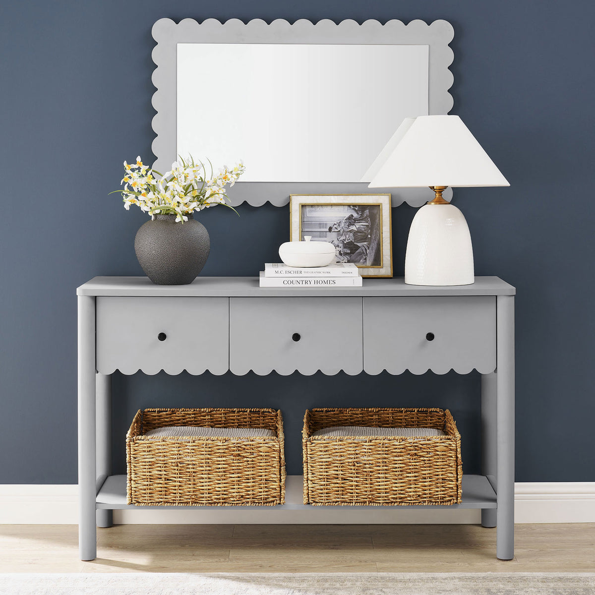 Entryway-ready console with three drawers and a wide shelf for storage and display || EEI-7154-LGR || front_room