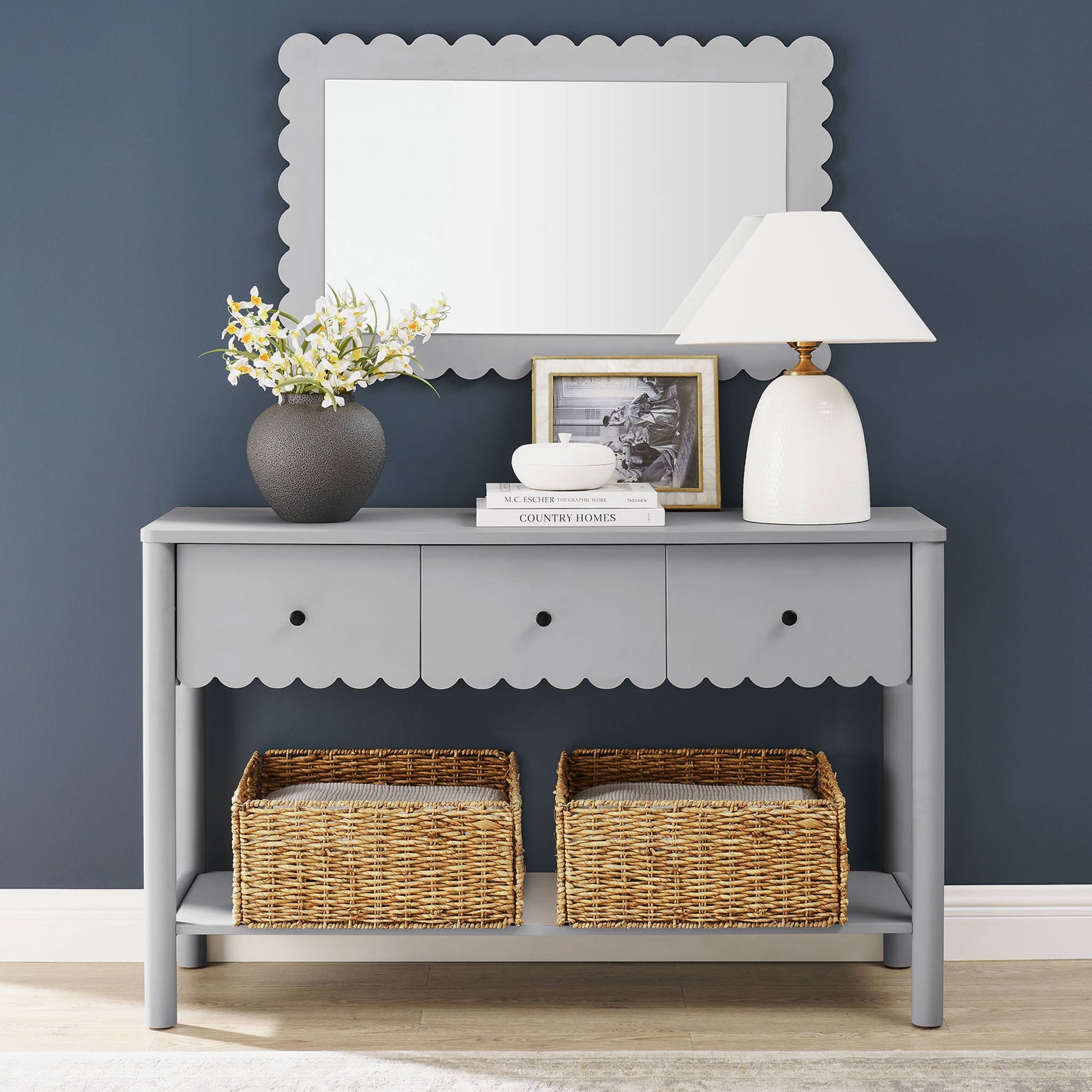 Entryway-ready console with three drawers and a wide shelf for storage and display || EEI-7154-LGR || front_room