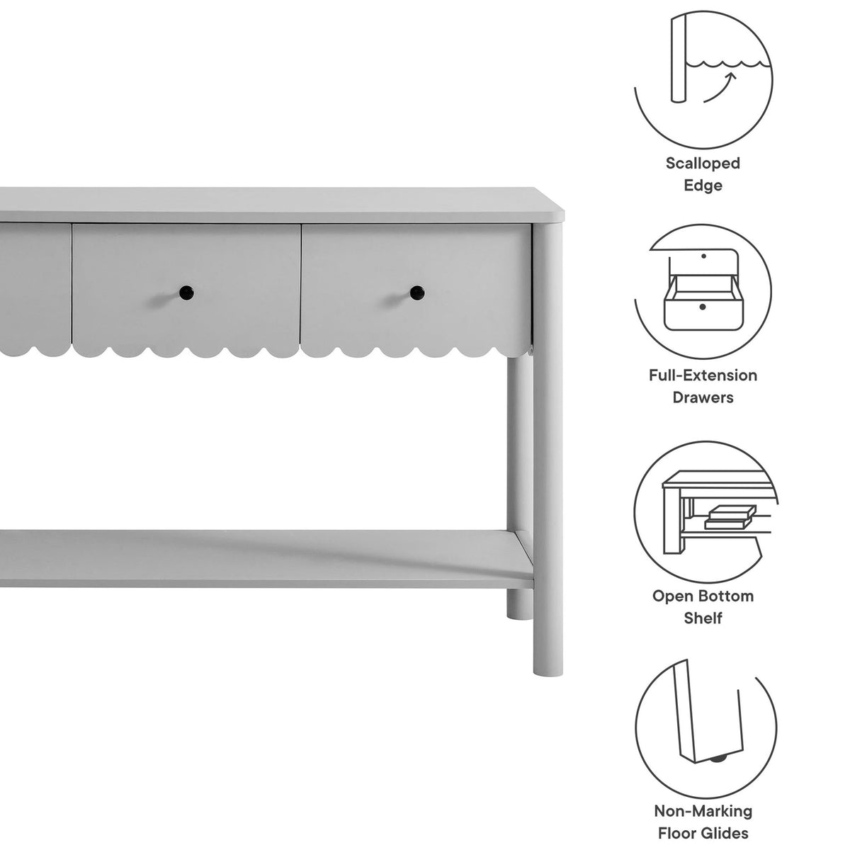 Scalloped-edge console with full-extension drawers, open bottom shelf, and protective floor glides || EEI-7154-LGR || callout_studio
