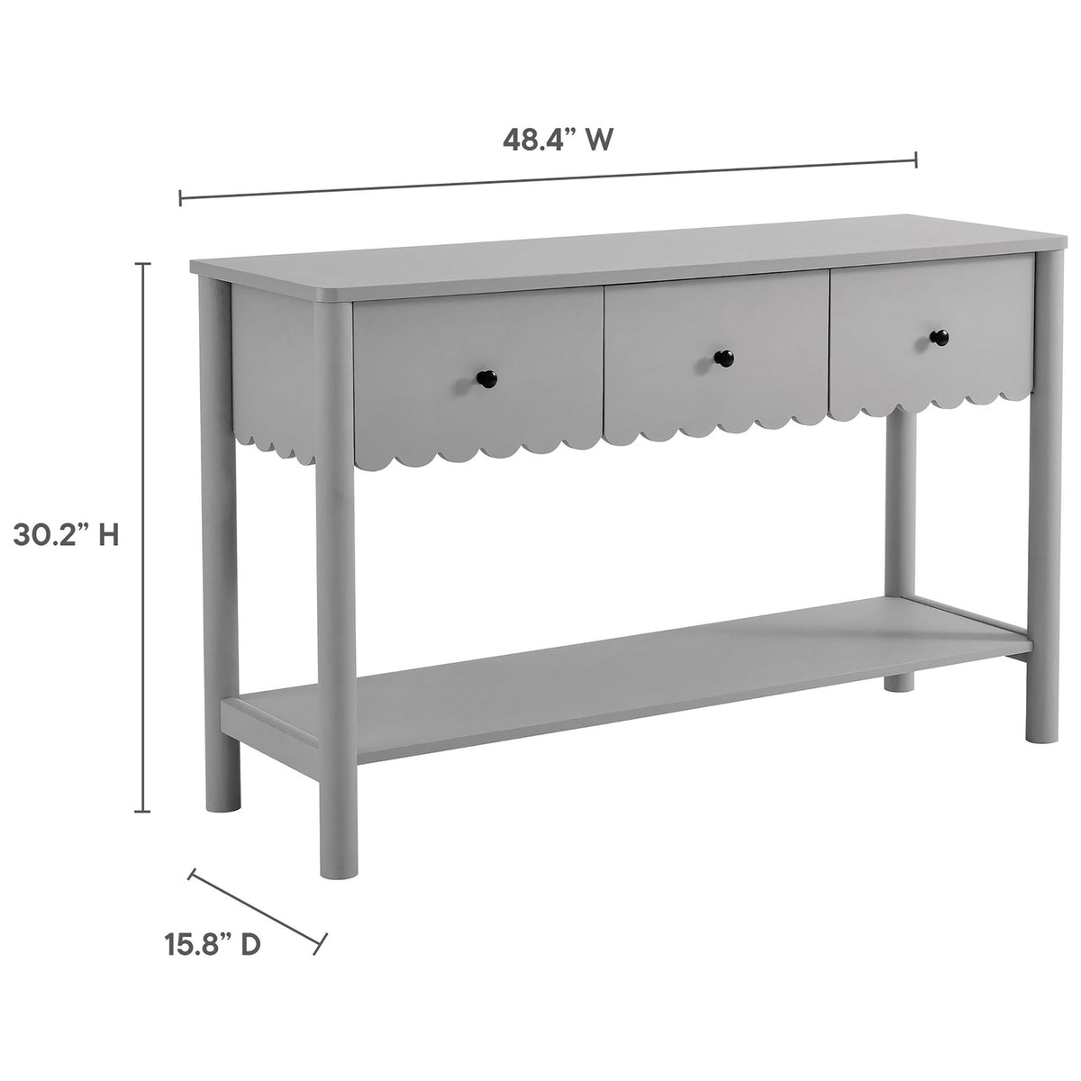 Space-saving console table measures 48.4 in W x 15.8 in D x 30.2 in H in a light gray finish || EEI-7154-LGR || dimension_studio