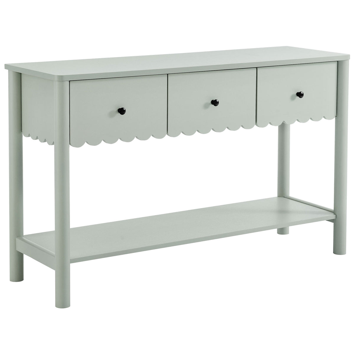 Sage console table with scalloped apron, three drawers, and an open shelf for charming storage. || EEI-7154-SGE || front_angle_studio