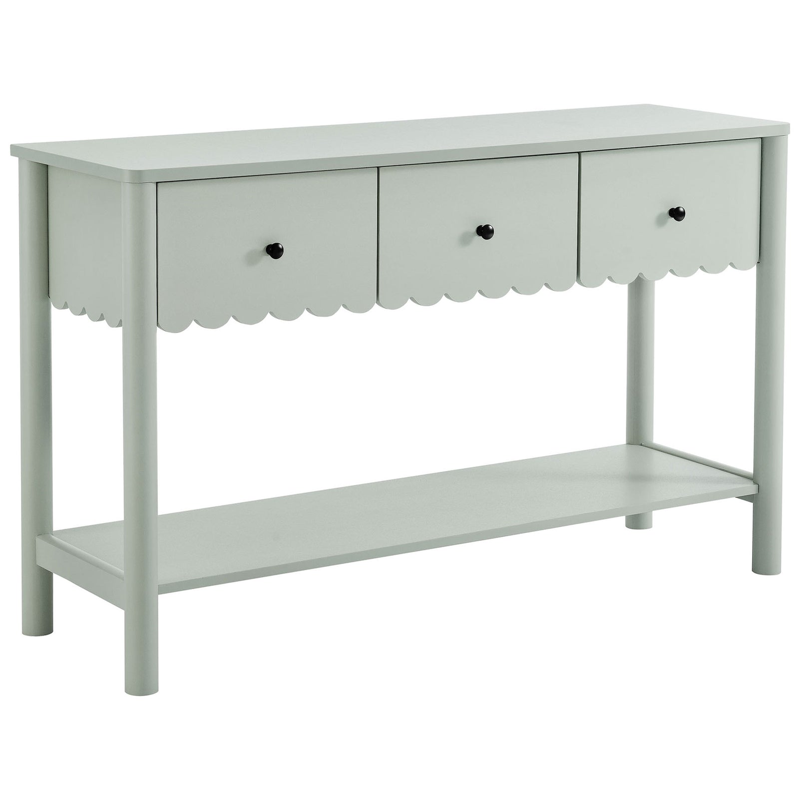 Sage console table with scalloped apron, three drawers, and an open shelf for charming storage. || EEI-7154-SGE || front_angle_studio
