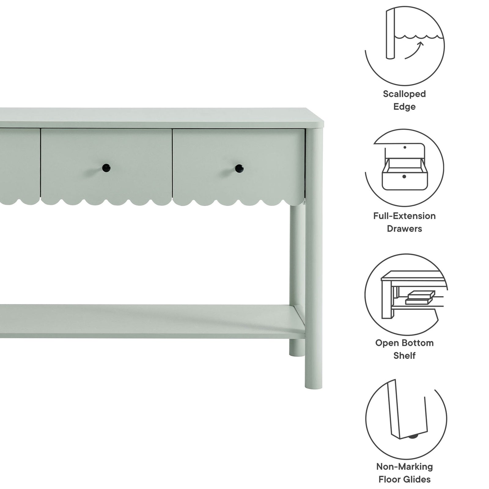 Key features include a scalloped edge, full-extension drawers, open shelf, and floor-protecting glides. || EEI-7154-SGE || callout_studio