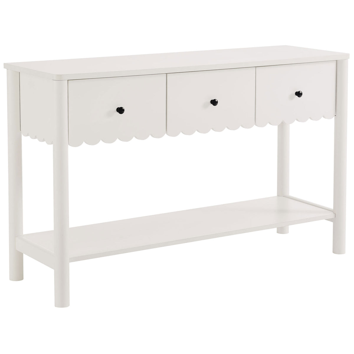 Playful scalloped profile and round black knobs add charm to this three-drawer console with lower shelf. || EEI-7154-WHI || front_angle_studio