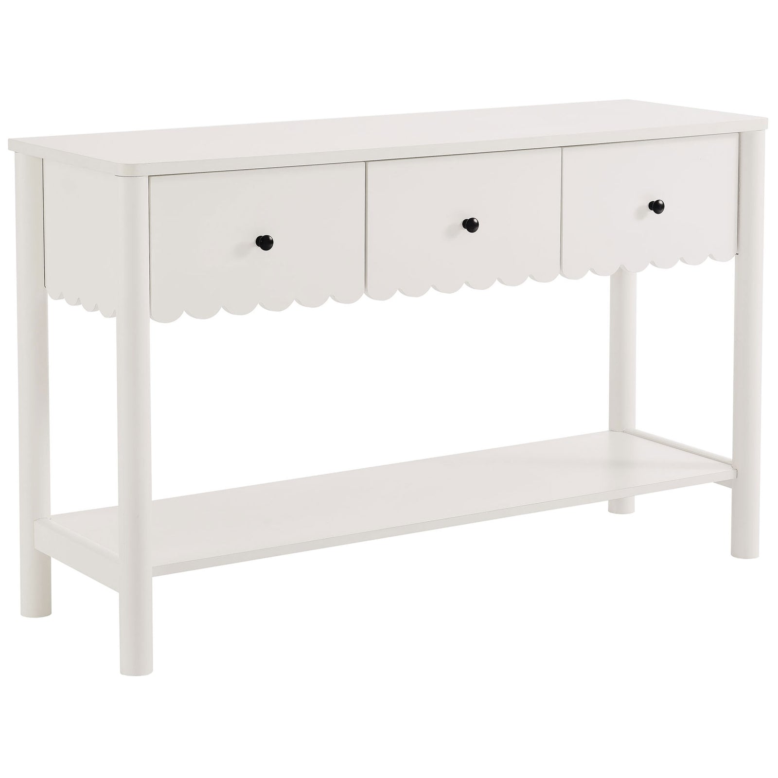 Playful scalloped profile and round black knobs add charm to this three-drawer console with lower shelf. || EEI-7154-WHI || front_angle_studio