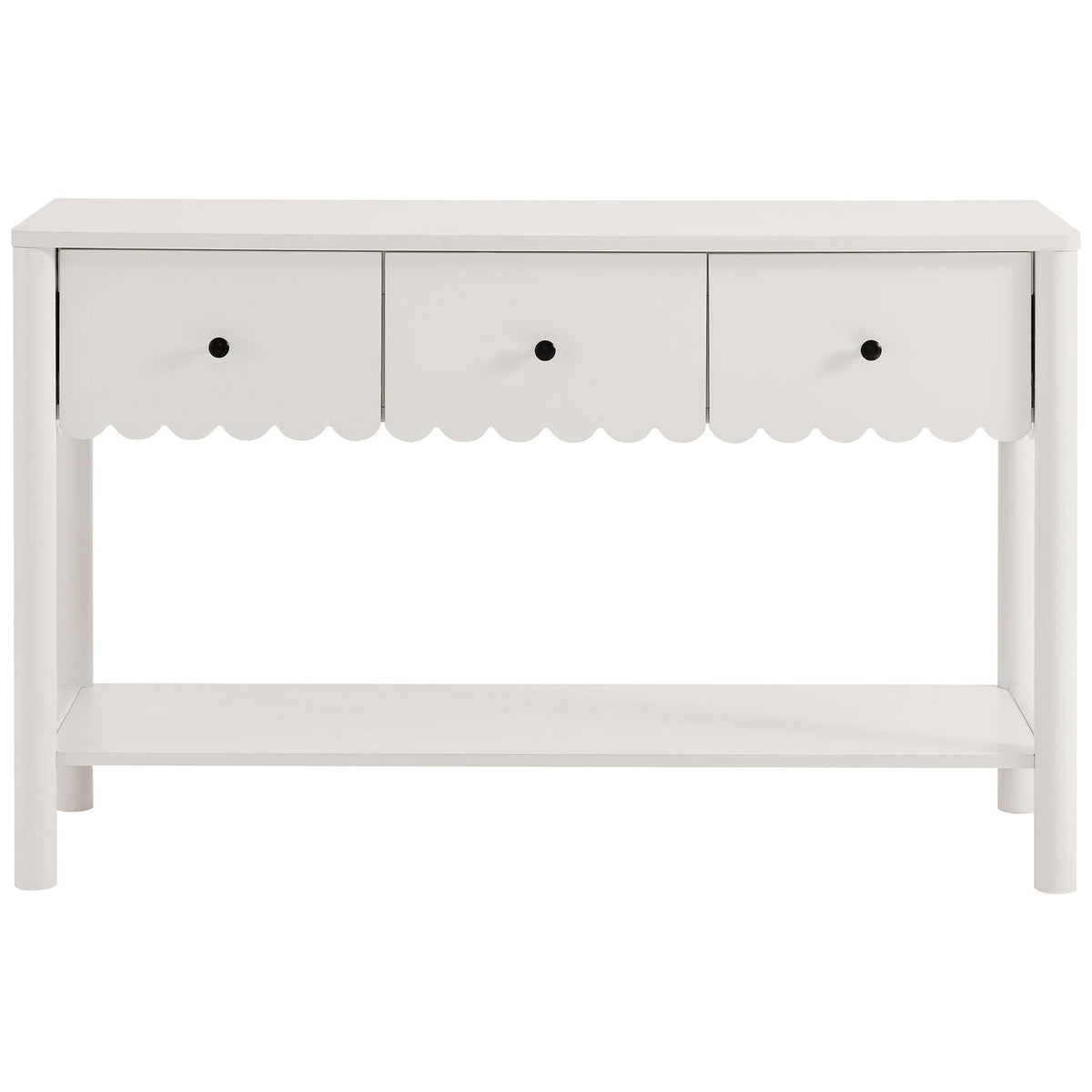 Crisp white console table with three drawers, scalloped edge detail, and a spacious open shelf. || EEI-7154-WHI || front_studio
