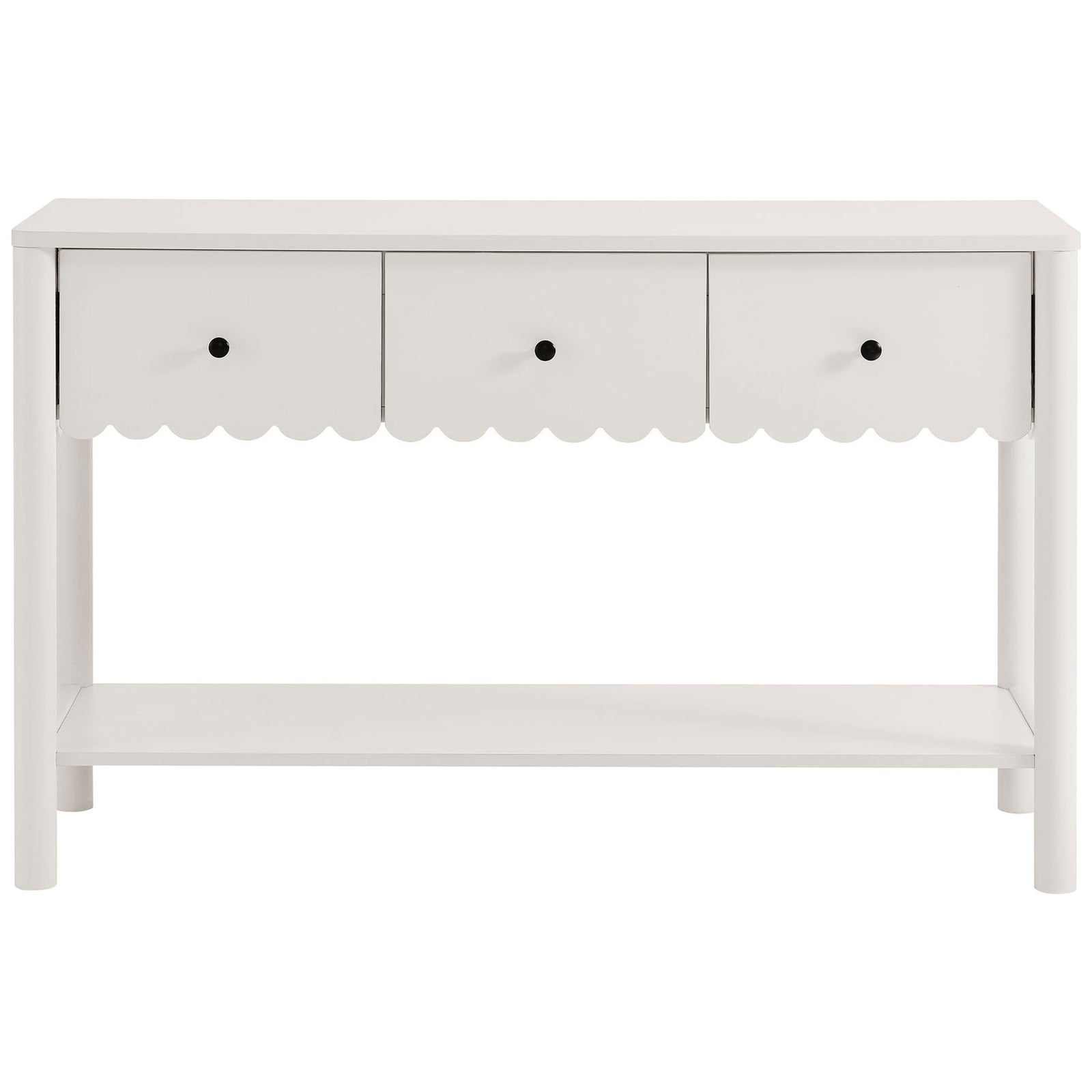 Crisp white console table with three drawers, scalloped edge detail, and a spacious open shelf. || EEI-7154-WHI || front_studio