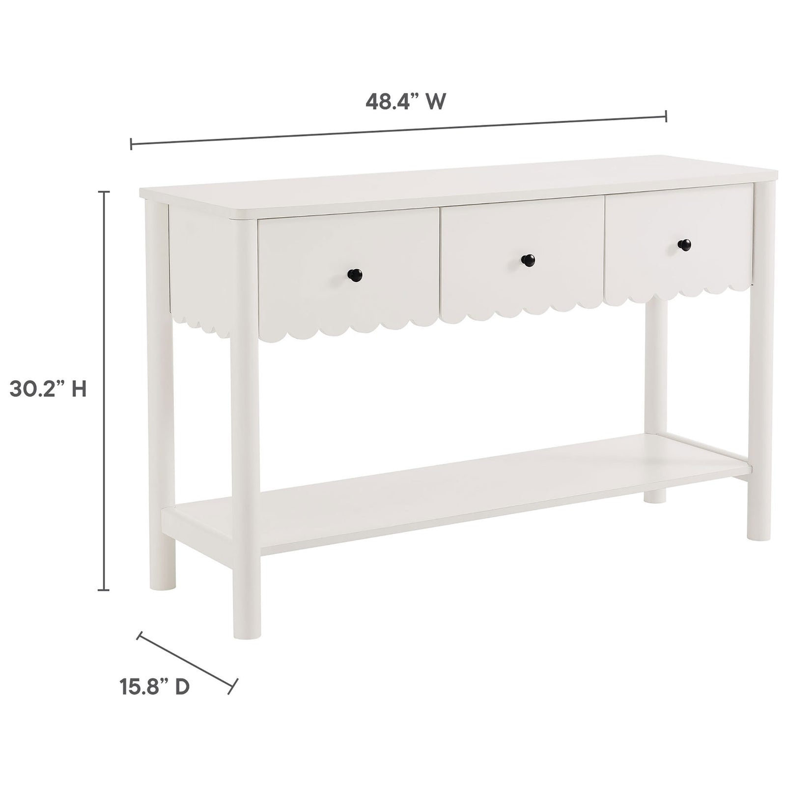 Dimensions measure 48.4 inches wide, 15.8 inches deep, and 30.2 inches high. || EEI-7154-WHI || dimension_studio