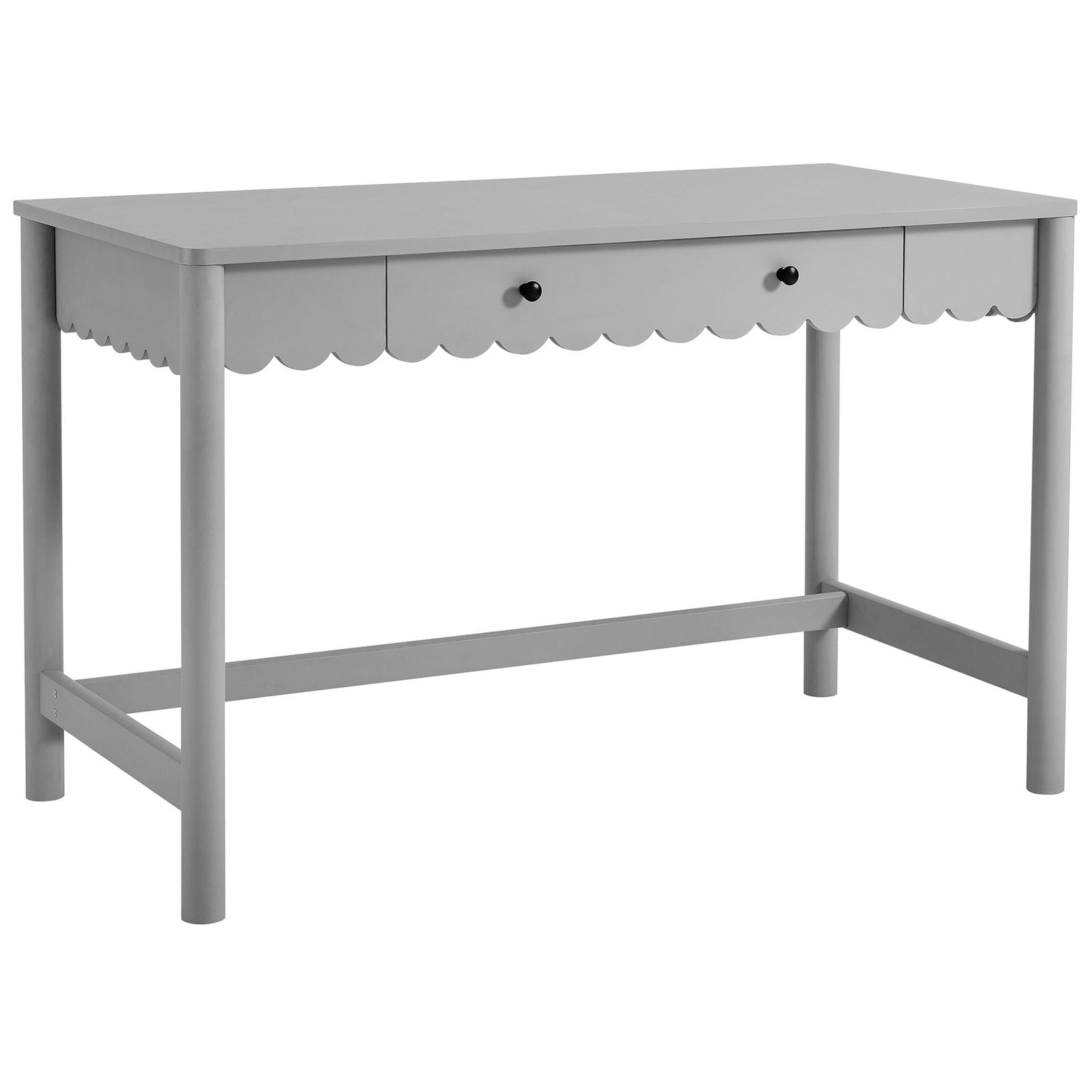 Playful scalloped drawer front and smooth laminate surface elevate this light gray writing desk || EEI-7155-LGR || front_angle_studio