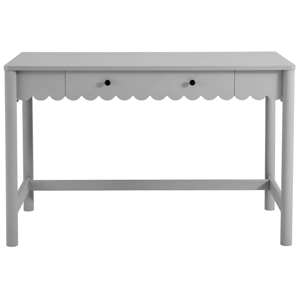 Light gray writing desk with charming scalloped apron and dual knobs adds whimsy to your workspace || EEI-7155-LGR || front_studio