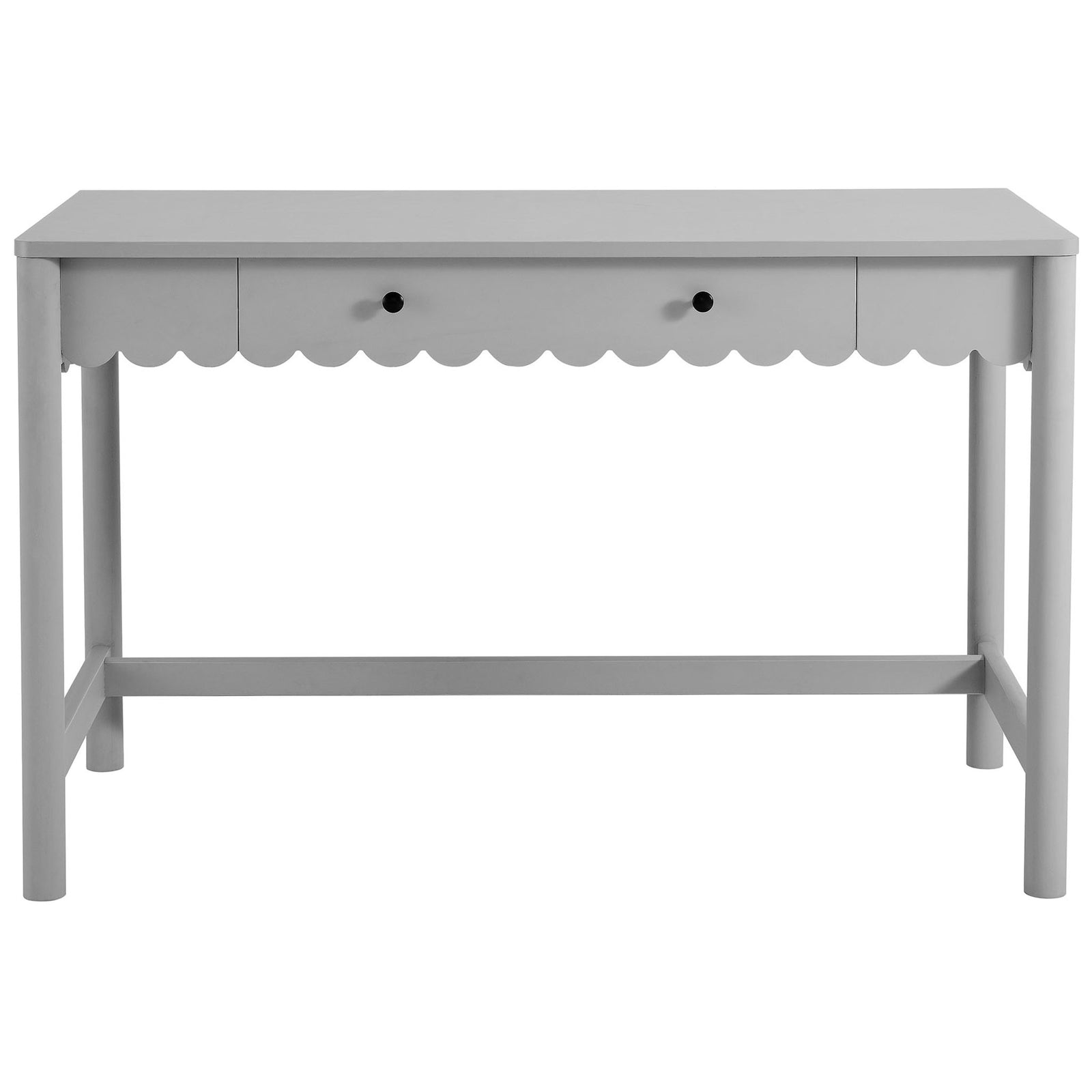 Light gray writing desk with charming scalloped apron and dual knobs adds whimsy to your workspace || EEI-7155-LGR || front_studio