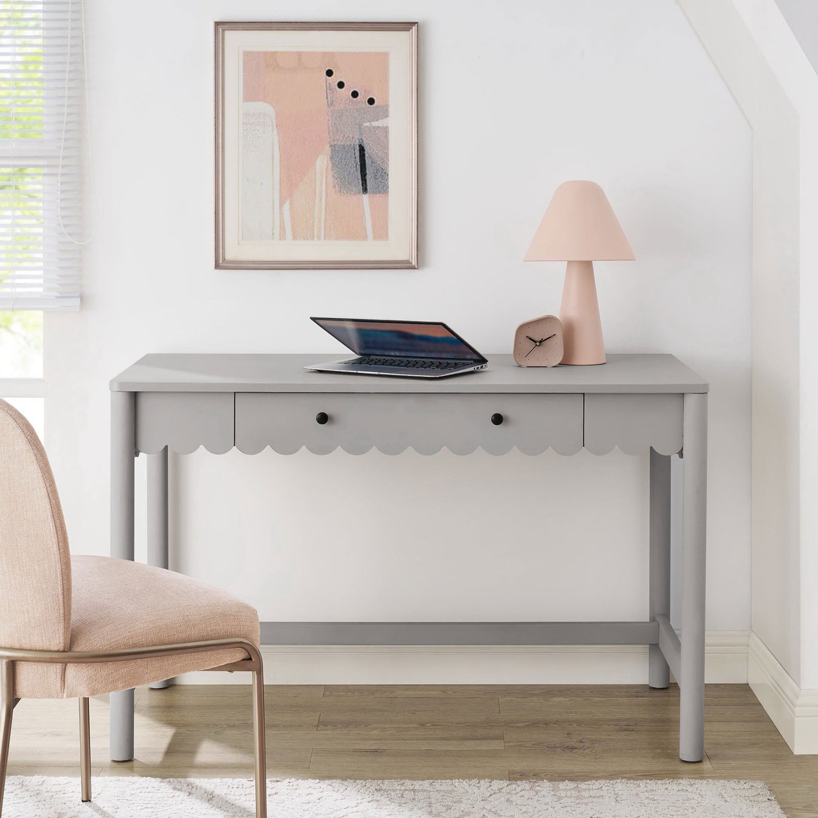 Light gray scalloped desk brightens the room with playful charm and everyday functionality || EEI-7155-LGR || front_room