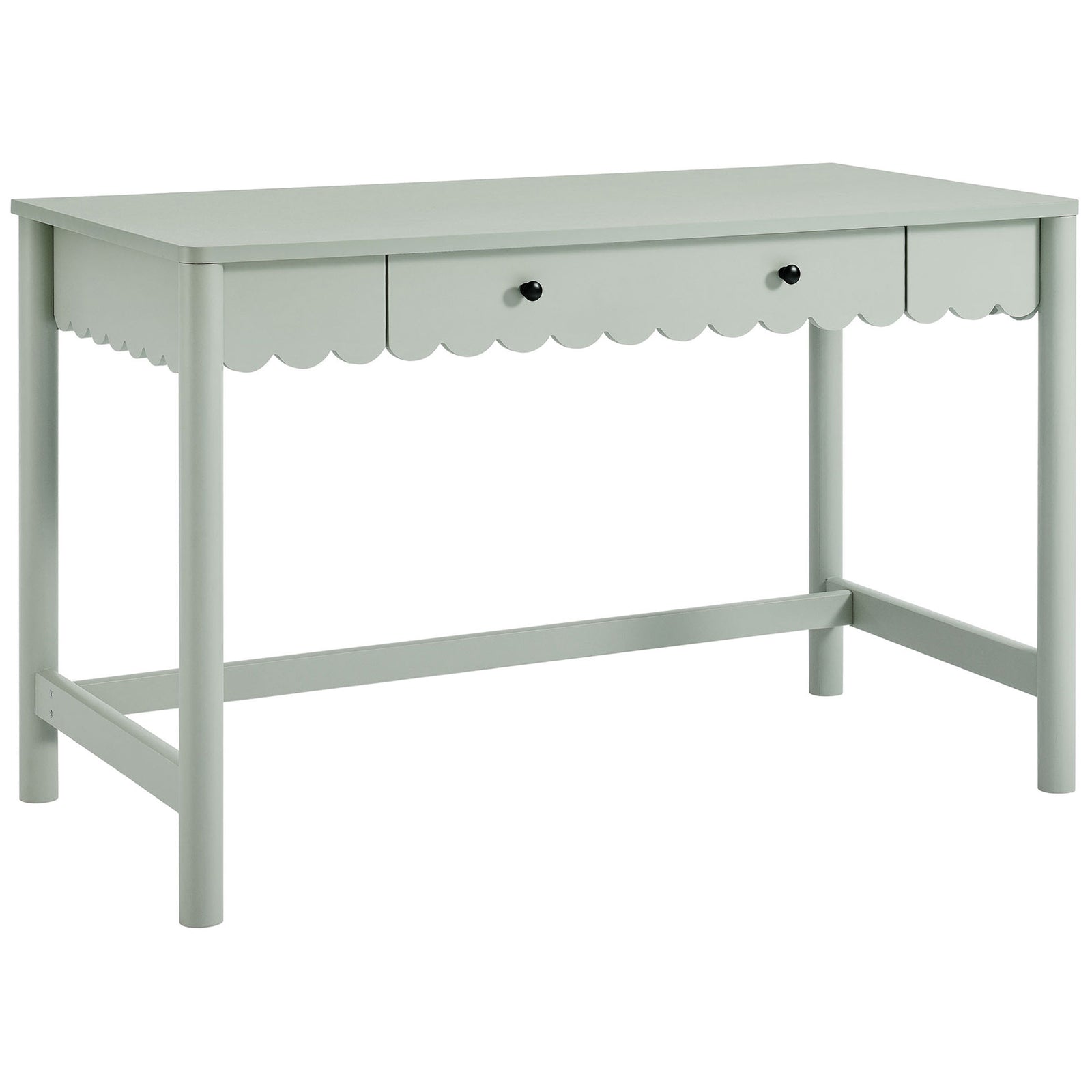 Charming scalloped-edge writing desk in sage with a smooth top, center drawer, and non-marking floor glides. || EEI-7155-SGE || front_angle_studio