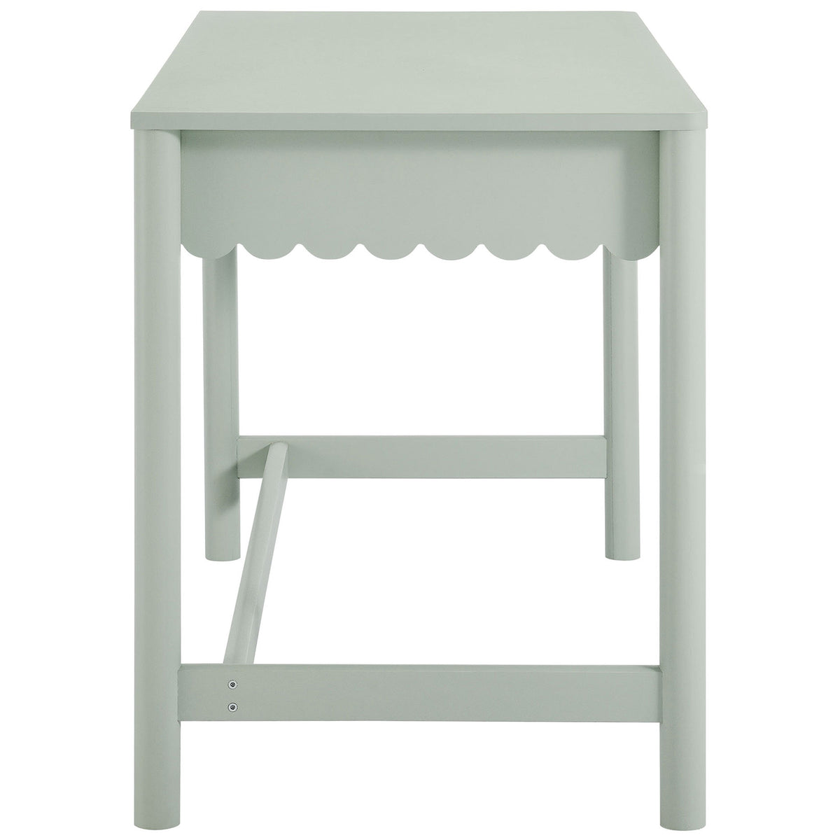 Streamlined desk profile showcases rounded legs, cross stretcher support, and the wavy scalloped apron detail. || EEI-7155-SGE || side_studio