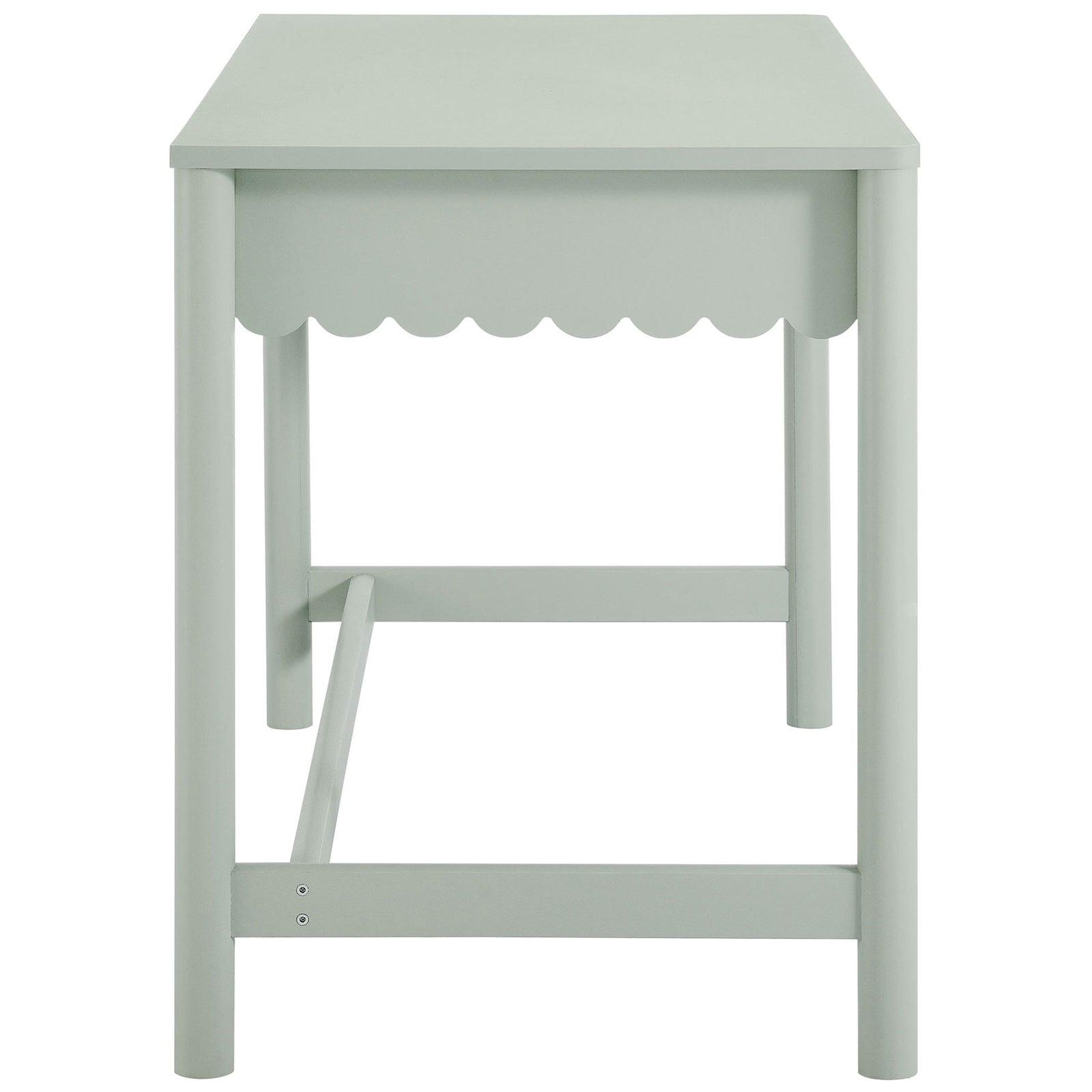 Streamlined desk profile showcases rounded legs, cross stretcher support, and the wavy scalloped apron detail. || EEI-7155-SGE || side_studio