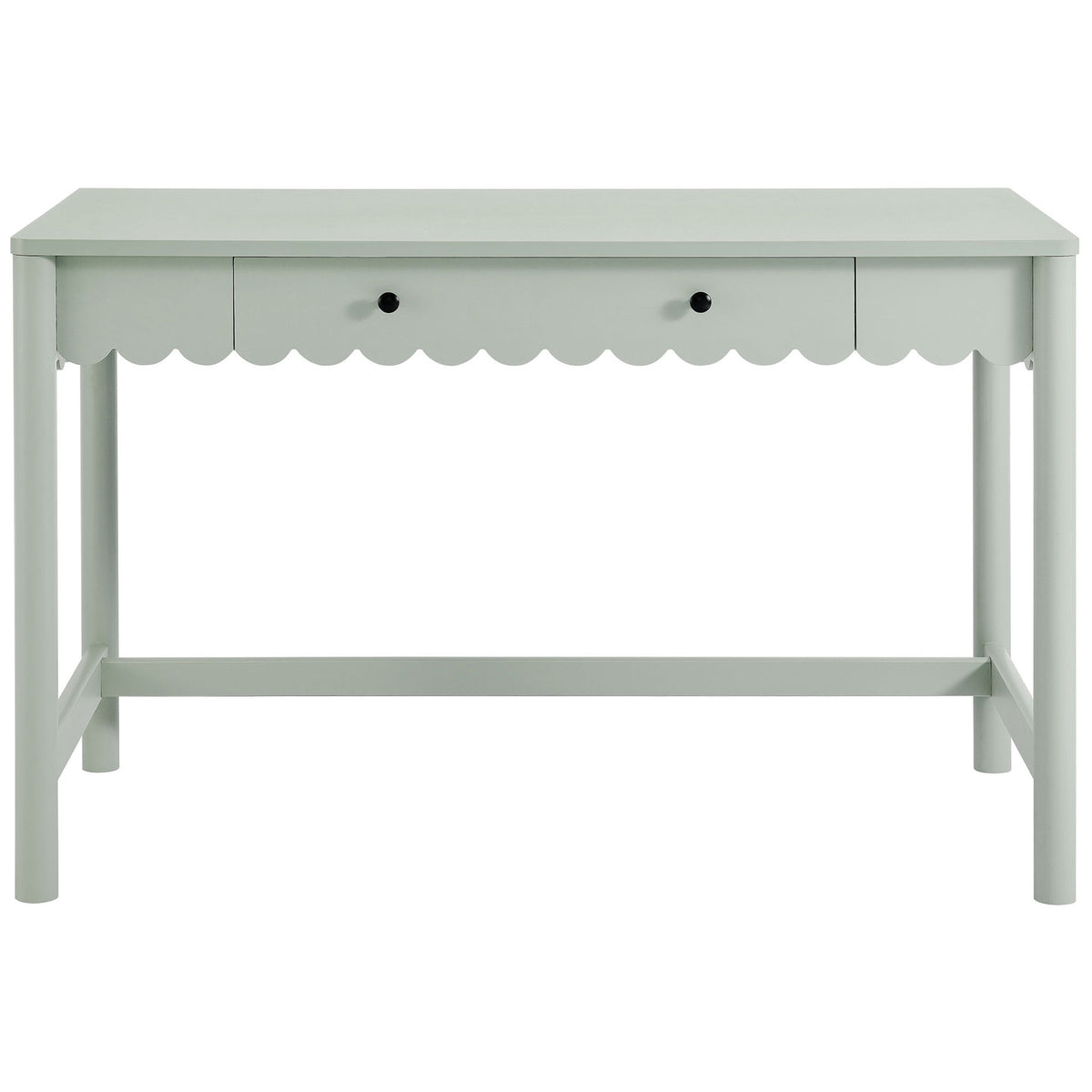 Sage green writing desk with a scalloped drawer front, sleek laminate finish, and playful modern farmhouse charm. || EEI-7155-SGE || front_studio
