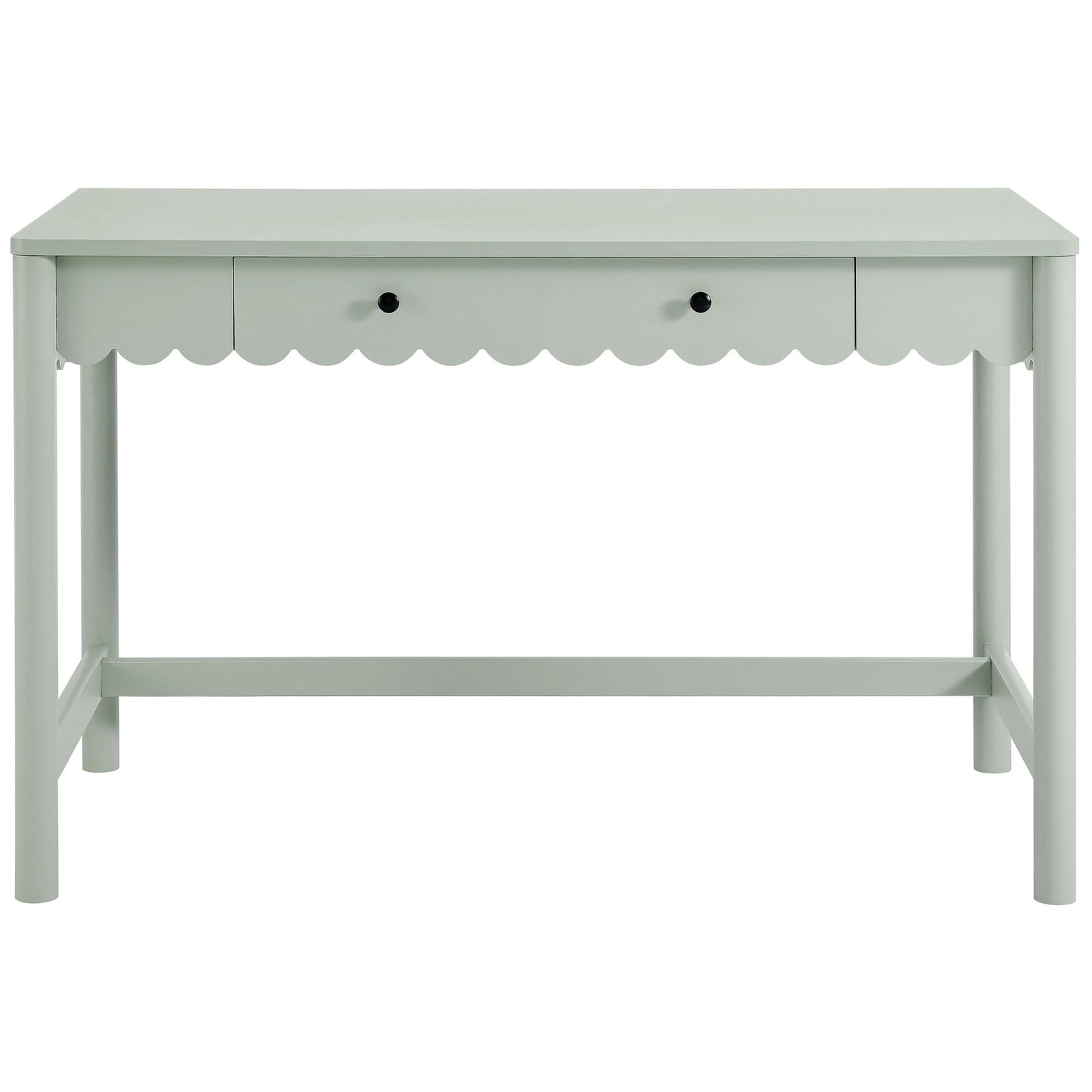 Sage green writing desk with a scalloped drawer front, sleek laminate finish, and playful modern farmhouse charm. || EEI-7155-SGE || front_studio