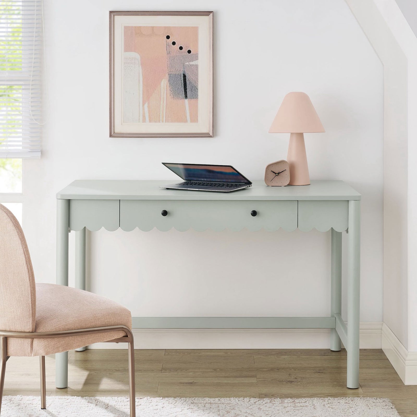 Sage desk elevates your workspace with soft curves and a clean look that styles beautifully in modern interiors. || EEI-7155-SGE || front_angle_room