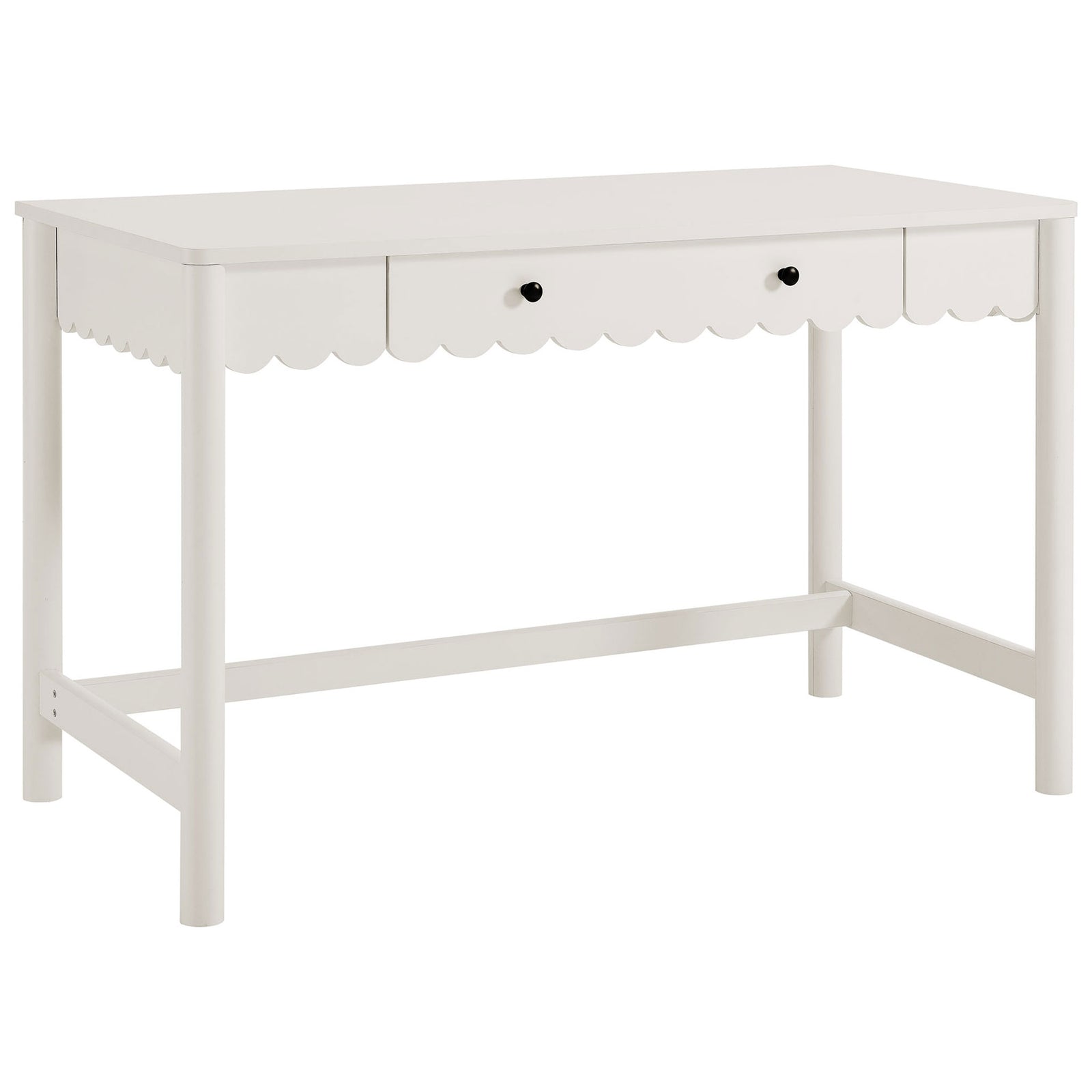 Crisp white desk showcases a wavy scalloped edge and rounded legs with a sturdy stretcher base || EEI-7155-WHI || front_angle_studio