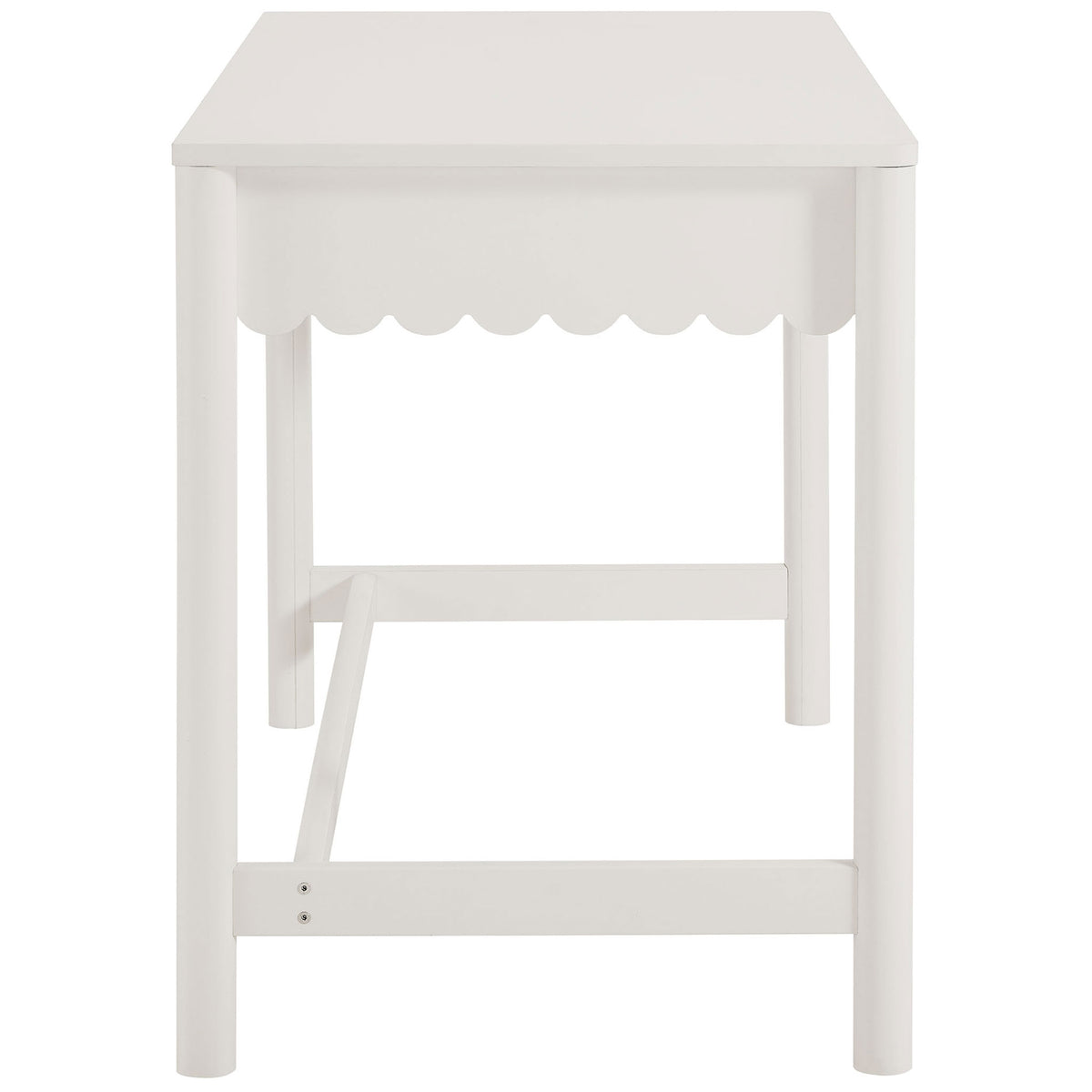Slim profile highlights the smooth top, scalloped apron detail, and cylindrical legs in a clean white finish || EEI-7155-WHI || side_studio