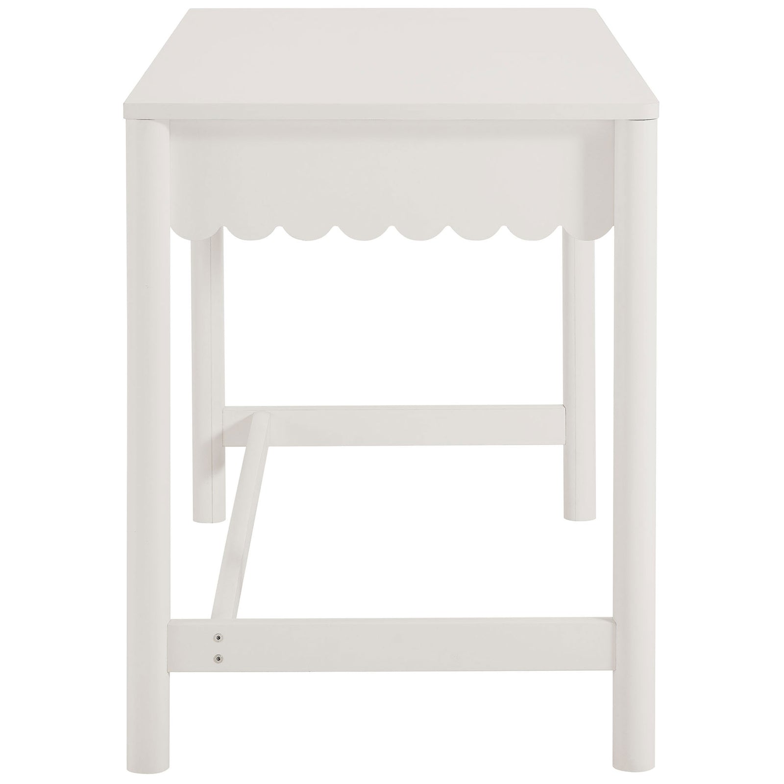 Slim profile highlights the smooth top, scalloped apron detail, and cylindrical legs in a clean white finish || EEI-7155-WHI || side_studio