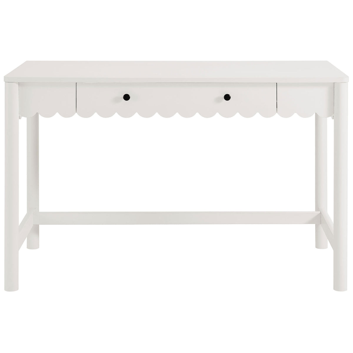 White writing desk with scalloped apron and dual black knobs for a playful, modern farmhouse look || EEI-7155-WHI || front_studio