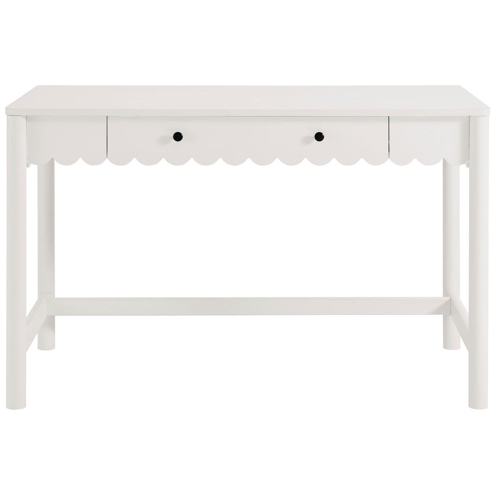 White writing desk with scalloped apron and dual black knobs for a playful, modern farmhouse look || EEI-7155-WHI || front_studio