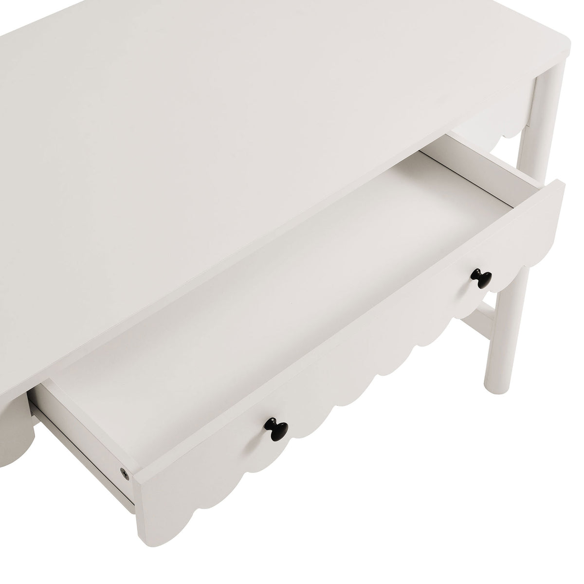 Full-extension center drawer glides smoothly to keep notebooks and supplies neatly organized || EEI-7155-WHI || storage_open_studio